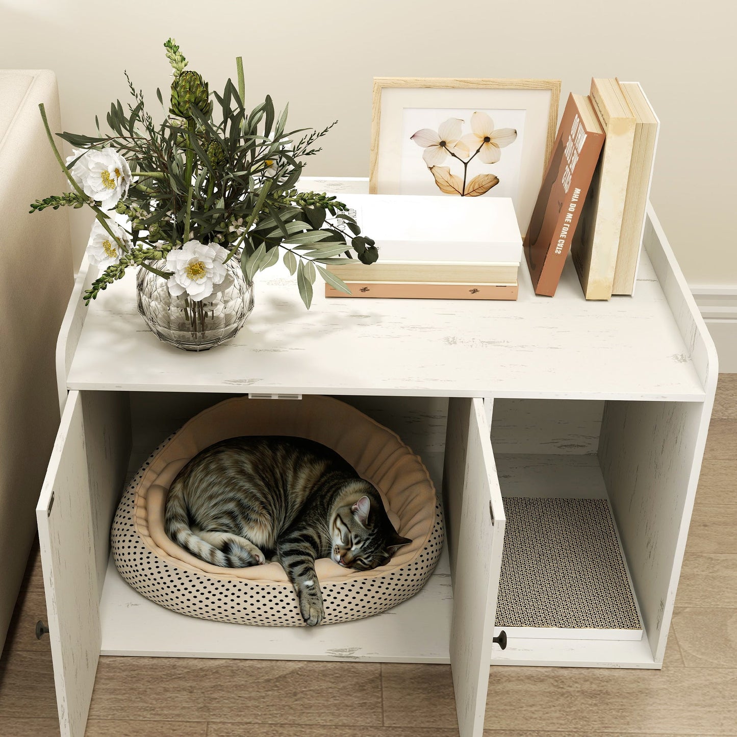 Litter Box Enclosure, 32" Hidden Washroom Furniture with Scratching Mat, Cat Entrance, Indoor Pet House, Side End Table Fit Most of Cat and Litter Box, Distressed White