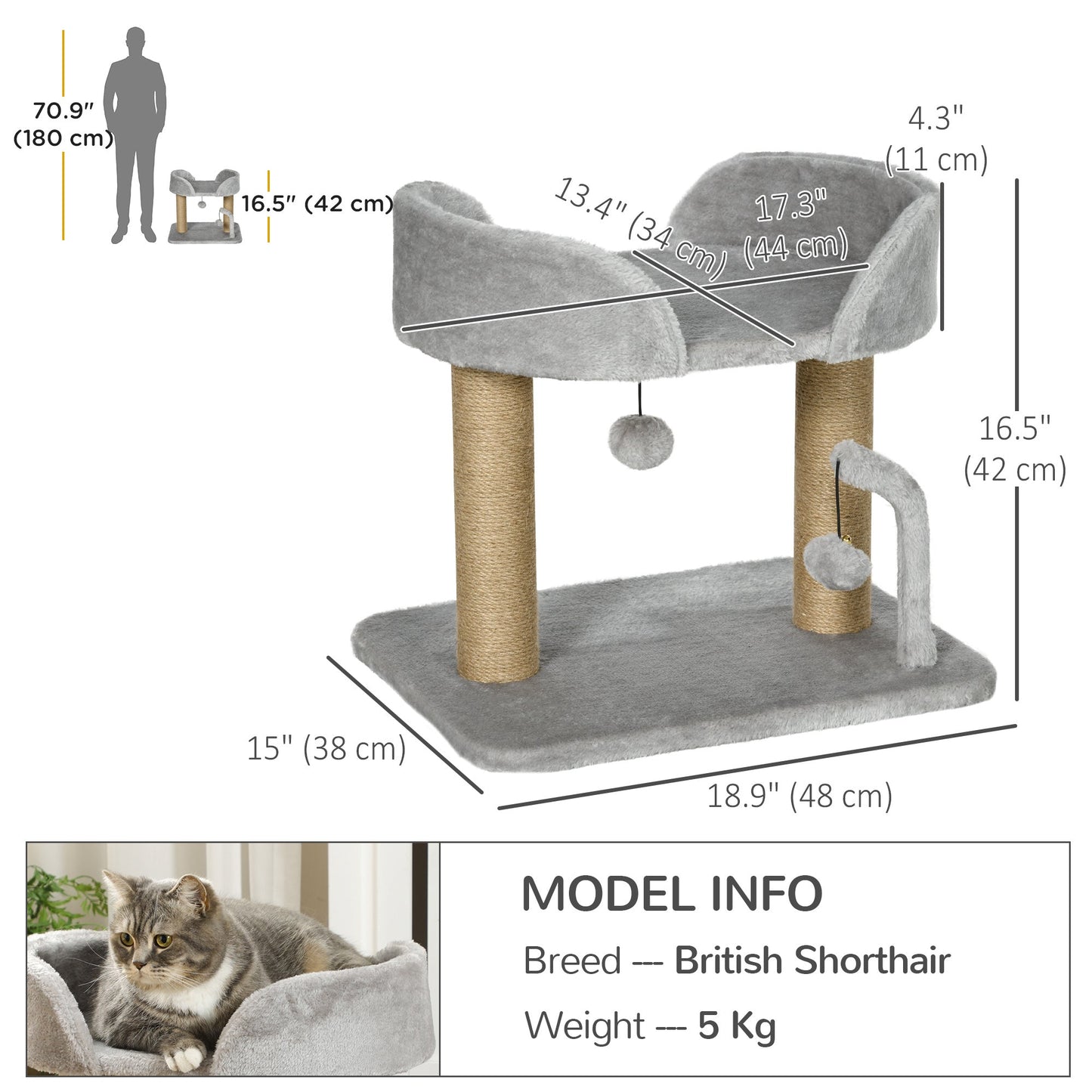 Cat Tree, 16.5" Small Cat Tower Condo for Indoor Cats with Jute Scratching Posts, Top Perch, Dangling Balls, Cat Activity Centre, Grey