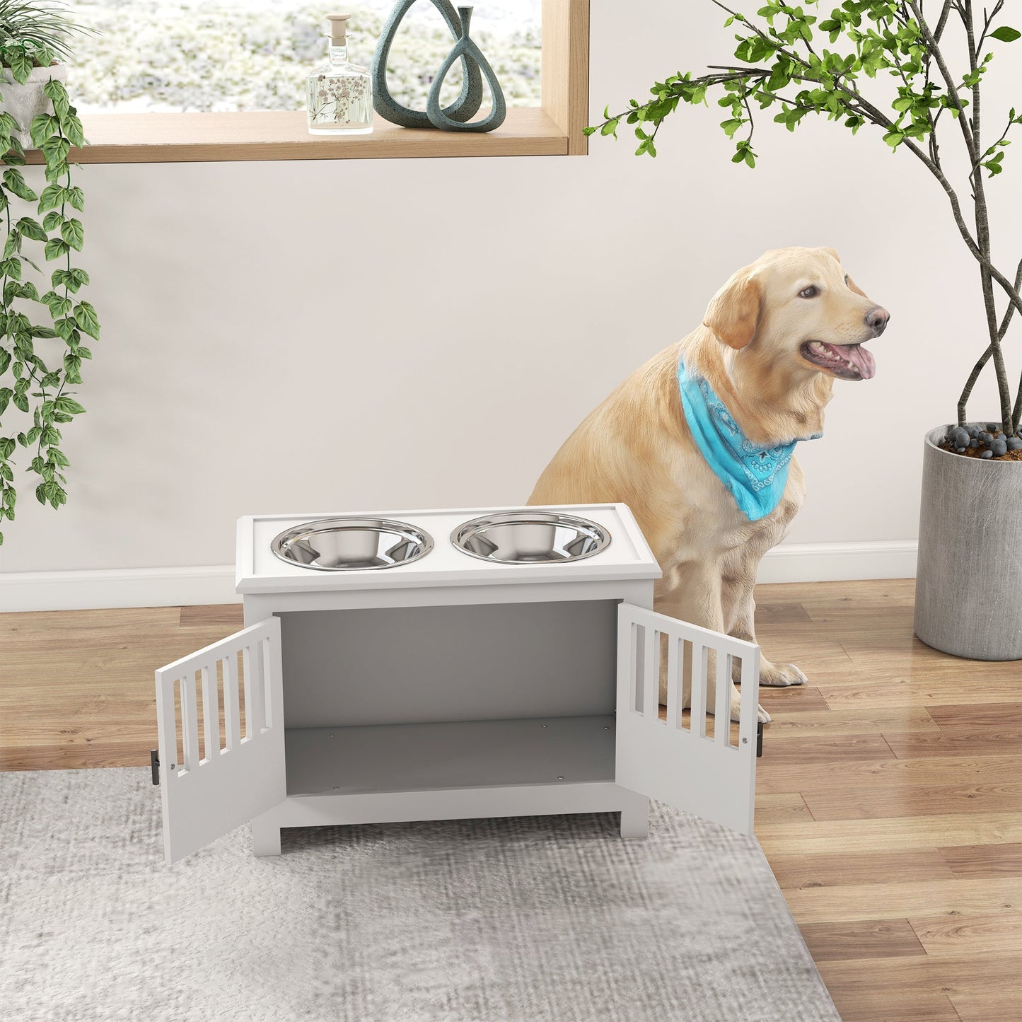 Raised Dog Bowls, Elevated Dog Feeder with 2 Stainless Bowls, Storage Cabinet, Door, for Extra Large Dogs, White