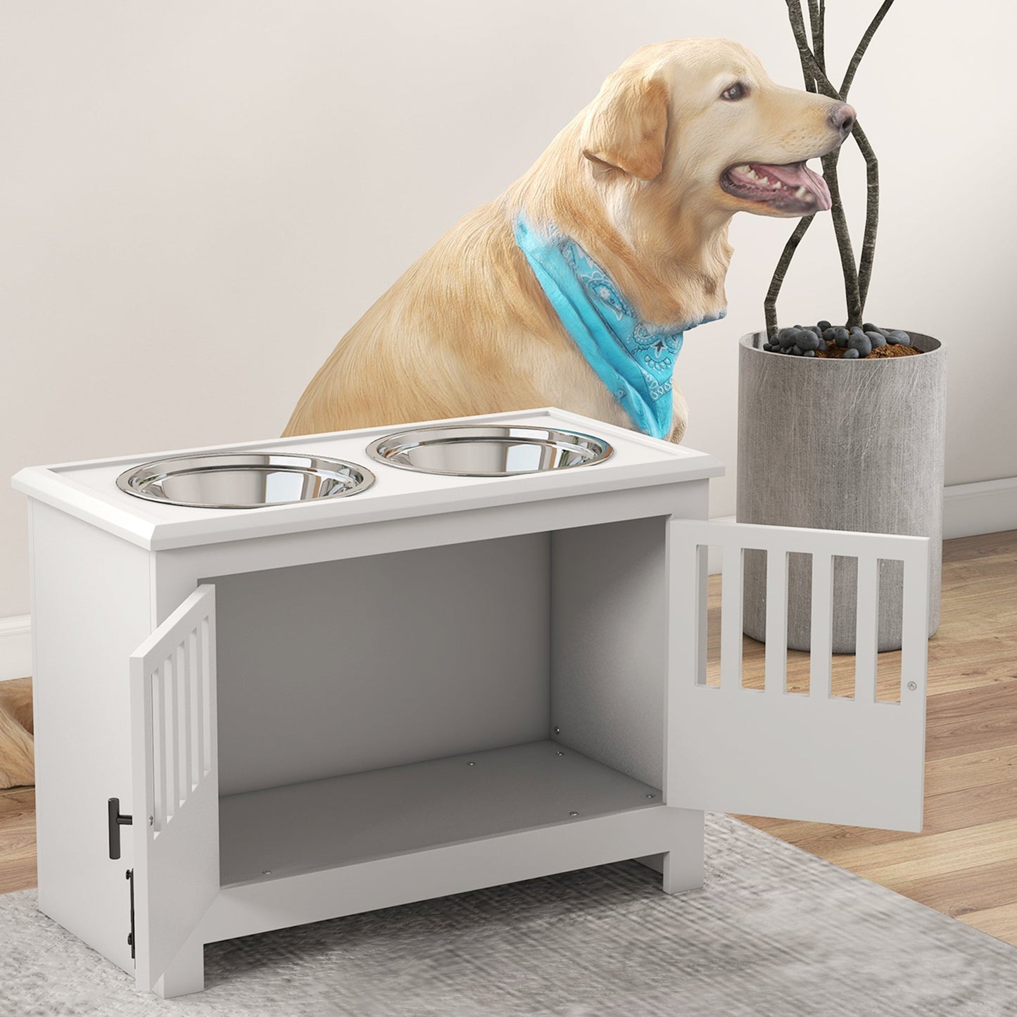 Raised Dog Bowls, Elevated Dog Feeder with 2 Stainless Bowls, Storage Cabinet, Door, for Extra Large Dogs, White