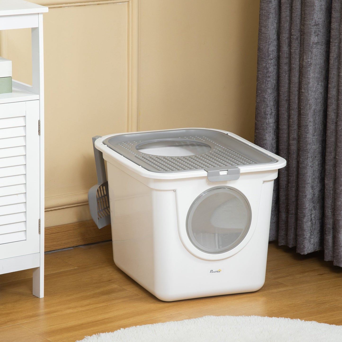 Cat Litter Box, Enclosed Kitty Litter Box with Front Entrance, Top Exit, Scoop, Easy Cleaning Pet Toilet for Cats, White