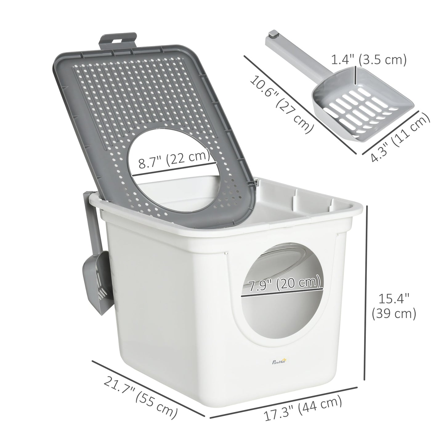 Cat Litter Box, Enclosed Kitty Litter Box with Front Entrance, Top Exit, Scoop, Easy Cleaning Pet Toilet for Cats, White