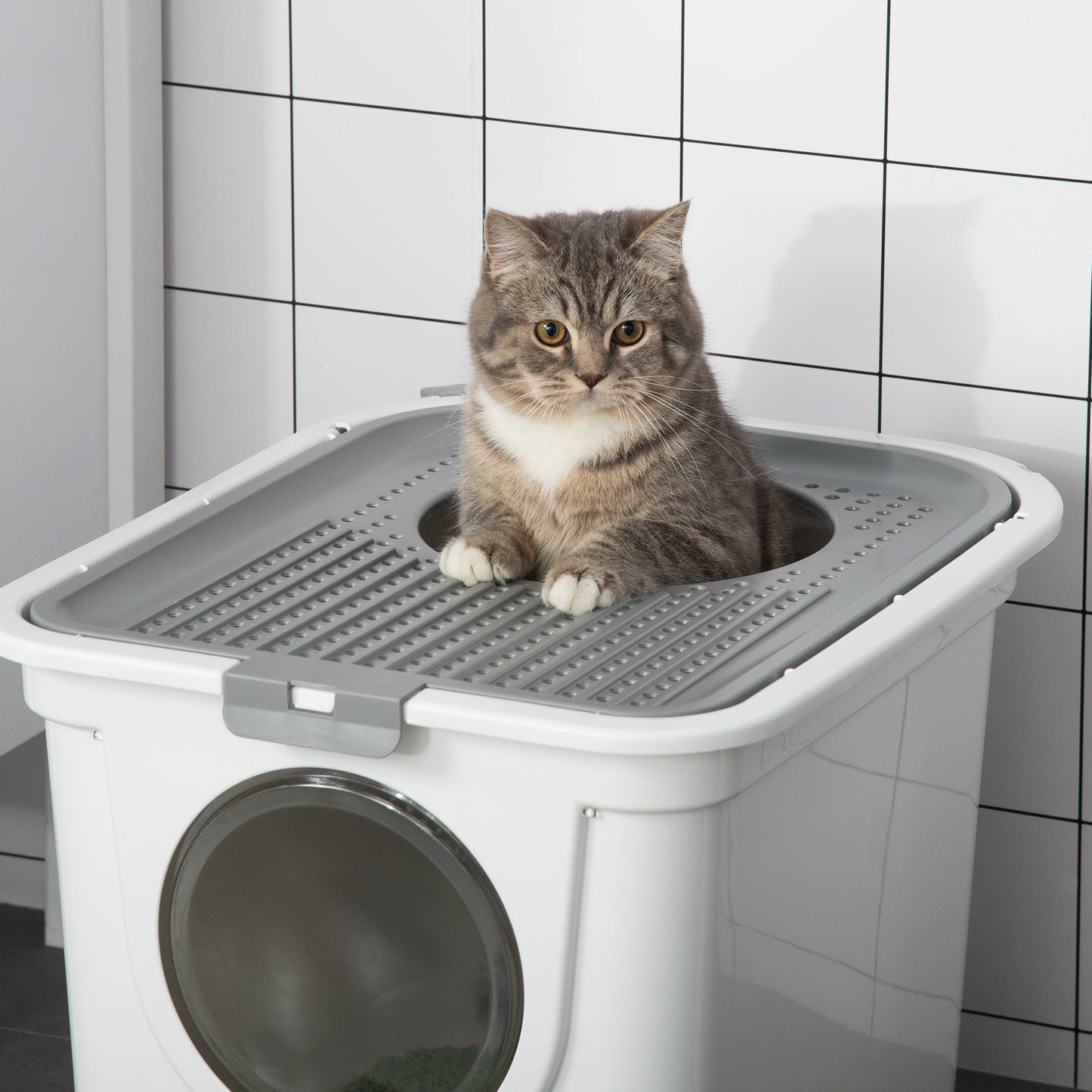 Cat Litter Box, Enclosed Kitty Litter Box with Front Entrance, Top Exit, Scoop, Easy Cleaning Pet Toilet for Cats, White