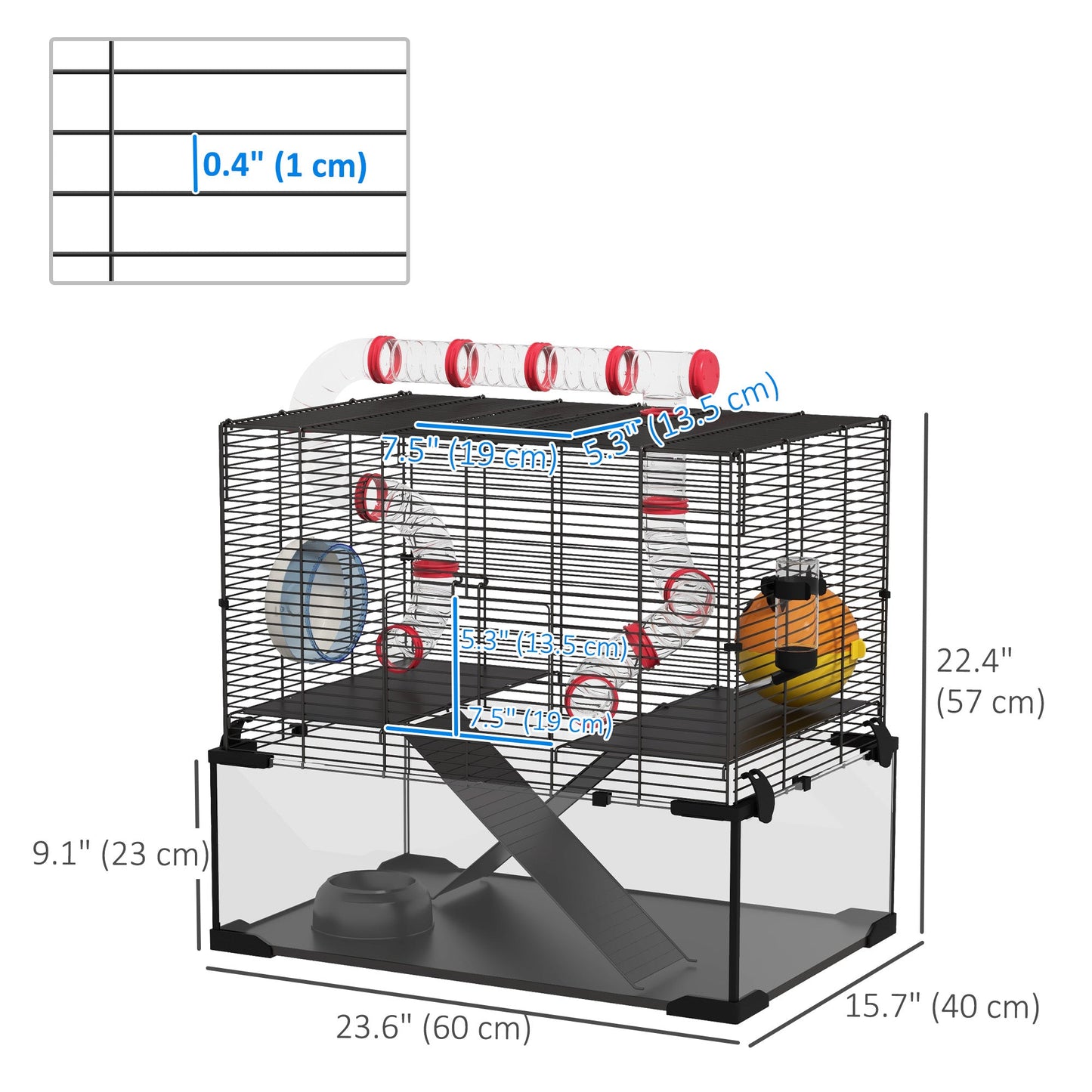 Hamster Cage, Gerbil Cage with Glass Basin, Tunnel Tube System, Ramps, Platforms, Hut, Exercise Wheel, Water Bottle, Dish, for Syrian and Dwarf Hamsters, 24" x 16" x 22"