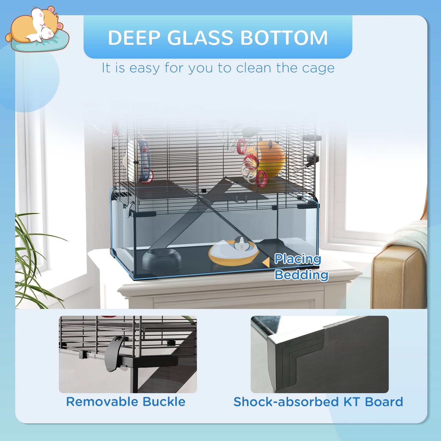Hamster Cage, Gerbil Cage with Glass Basin, Tunnel Tube System, Ramps, Platforms, Hut, Exercise Wheel, Water Bottle, Dish, for Syrian and Dwarf Hamsters, 24" x 16" x 22"
