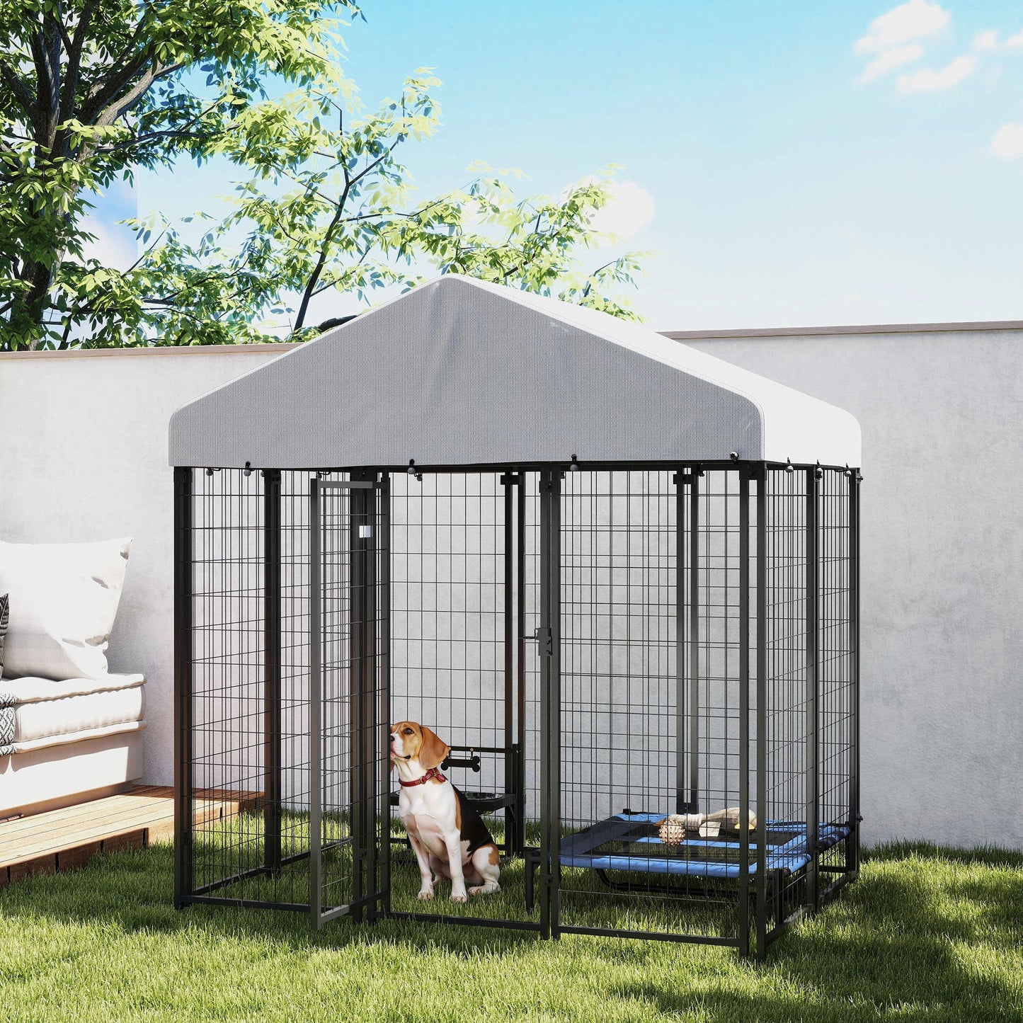 6' x 4' x 6' Outdoor Dog Kennel, Lockable Dog Run Crate with Waterproof UV-Resistant Cover, Welded Wire Steel Fence for Medium Dogs, Silver
