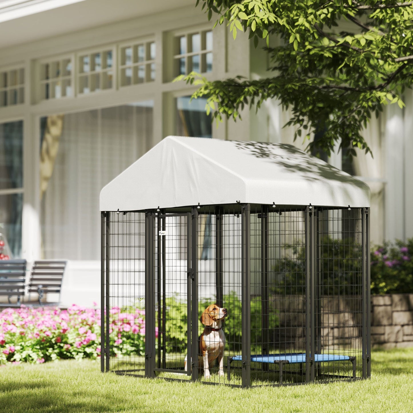 6' x 4' x 6' Outdoor Dog Kennel, Lockable Dog Run Crate with Waterproof UV-Resistant Cover, Welded Wire Steel Fence for Medium Dogs, Silver