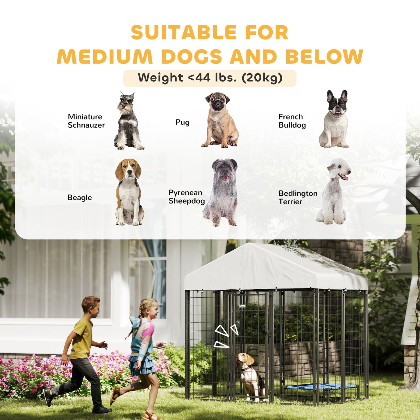 6' x 4' x 6' Outdoor Dog Kennel, Lockable Dog Run Crate with Waterproof UV-Resistant Cover, Welded Wire Steel Fence for Medium Dogs, Silver