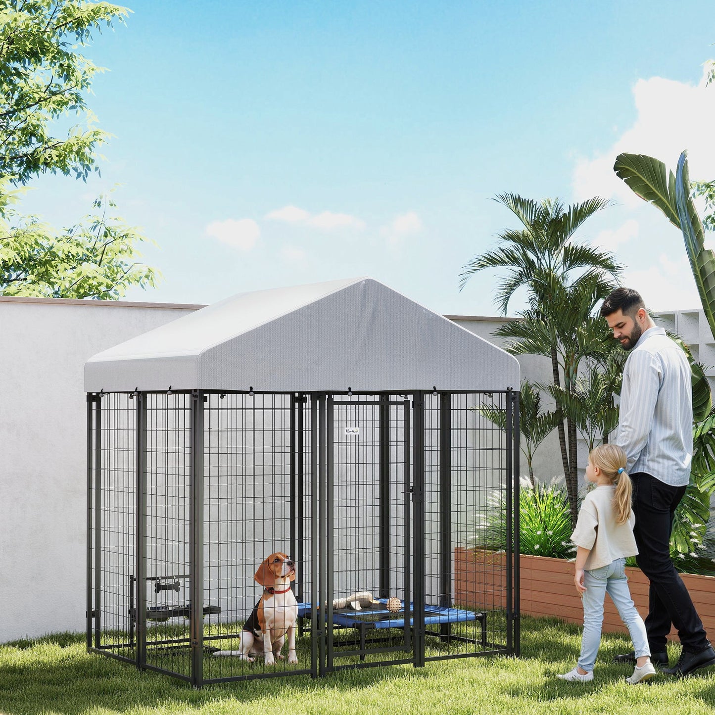 6' x 4' x 6' Outdoor Dog Kennel, Lockable Dog Run Crate with Waterproof UV-Resistant Cover, Welded Wire Steel Fence for Medium Dogs, Silver