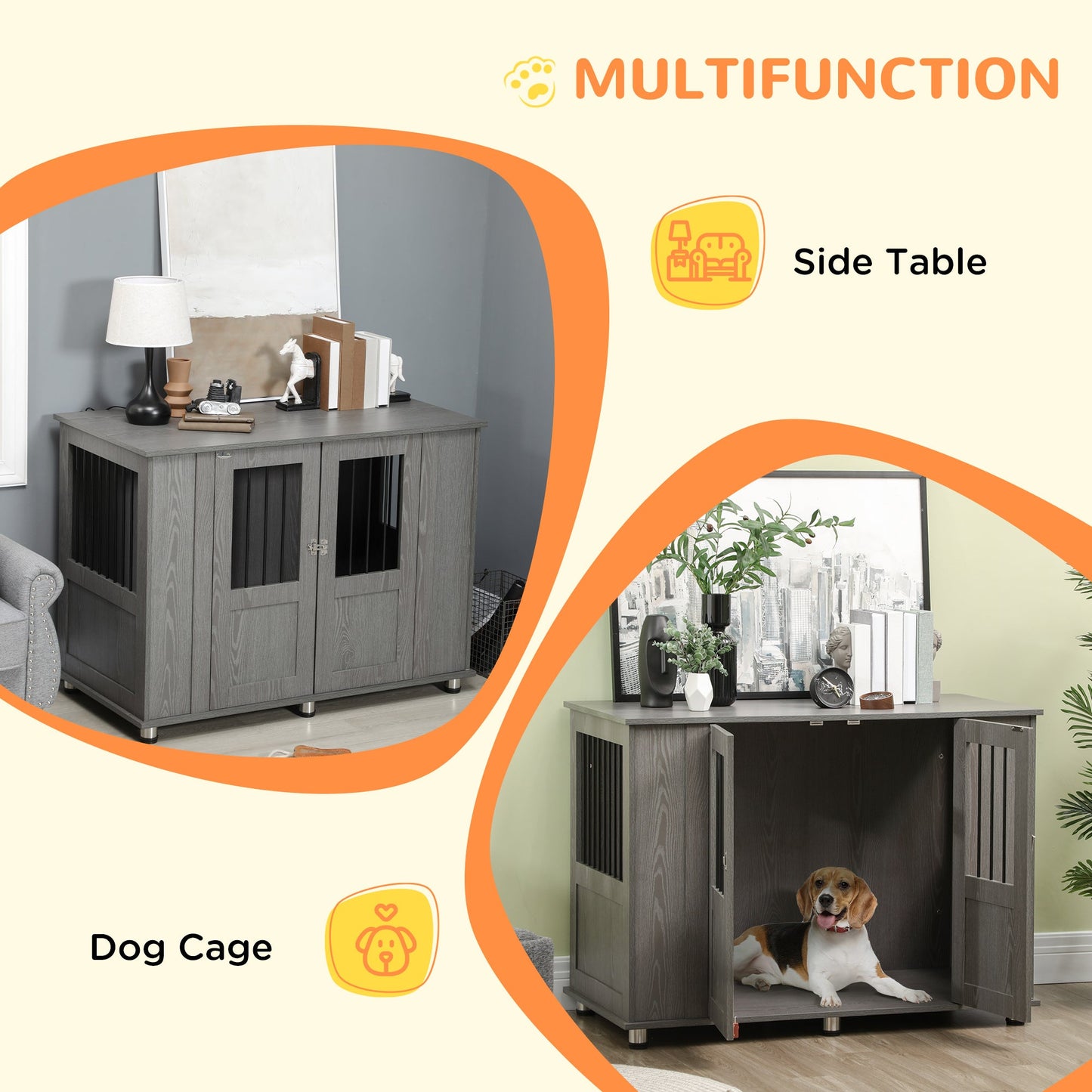 Dog Crate Furniture with Lockable Magnetic Door, Adjustable feet, Indoor Dog Kennel End Table for Extra Large, Medium & Small Dogs, Grey