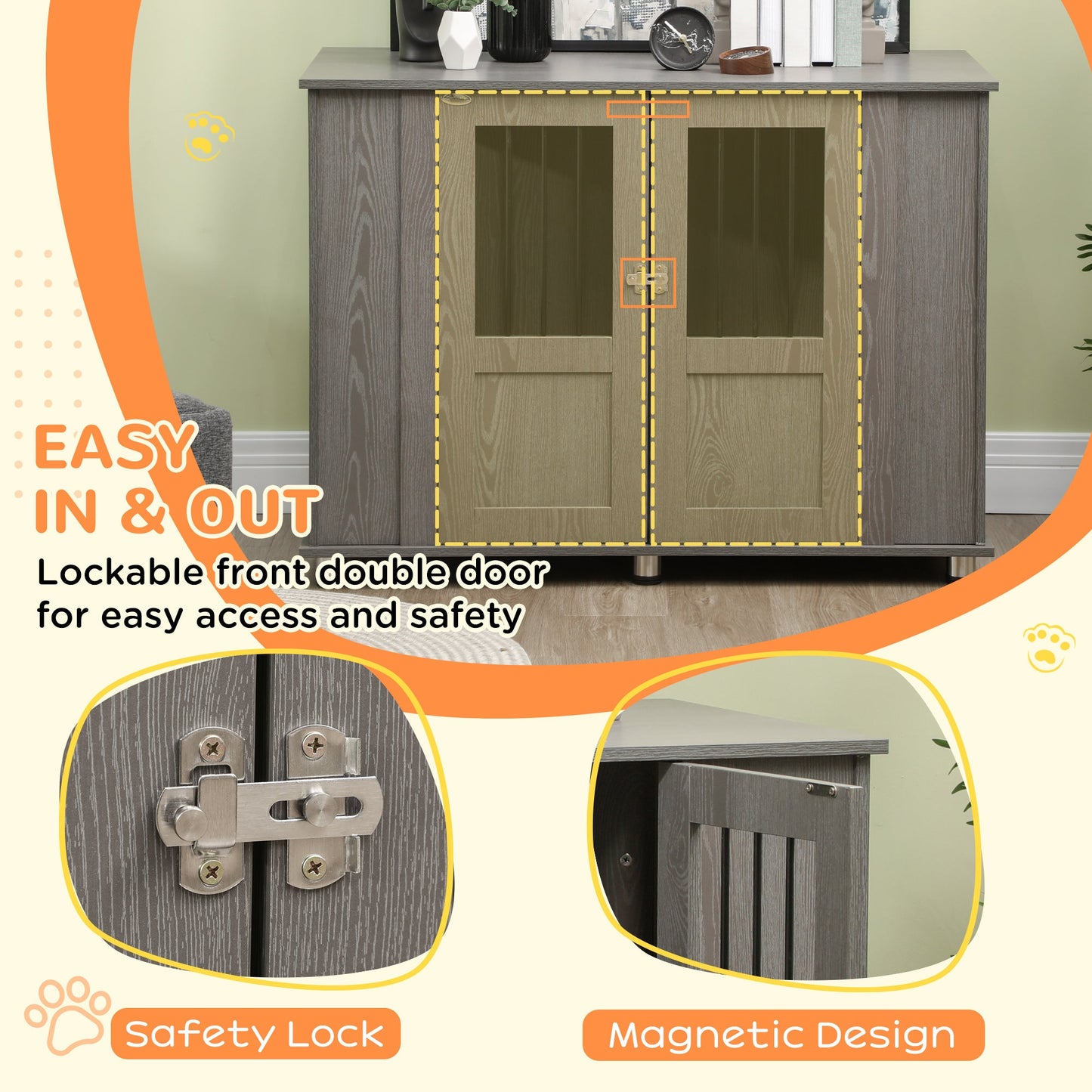 Dog Crate Furniture with Lockable Magnetic Door, Adjustable feet, Indoor Dog Kennel End Table for Extra Large, Medium & Small Dogs, Grey