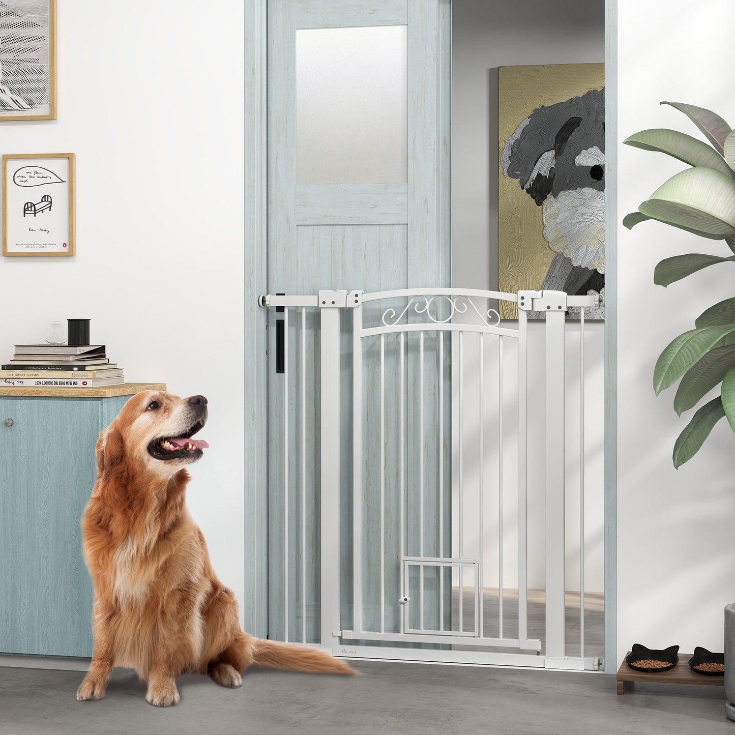 Dog Gate, Walk Through Pet Gate with Small Pet Door, Auto Close, for Doorways, House, Stair, 2 Extension Kits, Pressure Mount Kit, 30"-41" W x 42" H