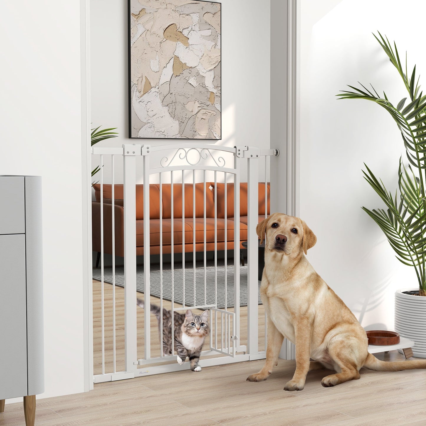 Dog Gate, Walk Through Pet Gate with Small Pet Door, Auto Close, for Doorways, House, Stair, 2 Extension Kits, Pressure Mount Kit, 30"-41" W x 42" H