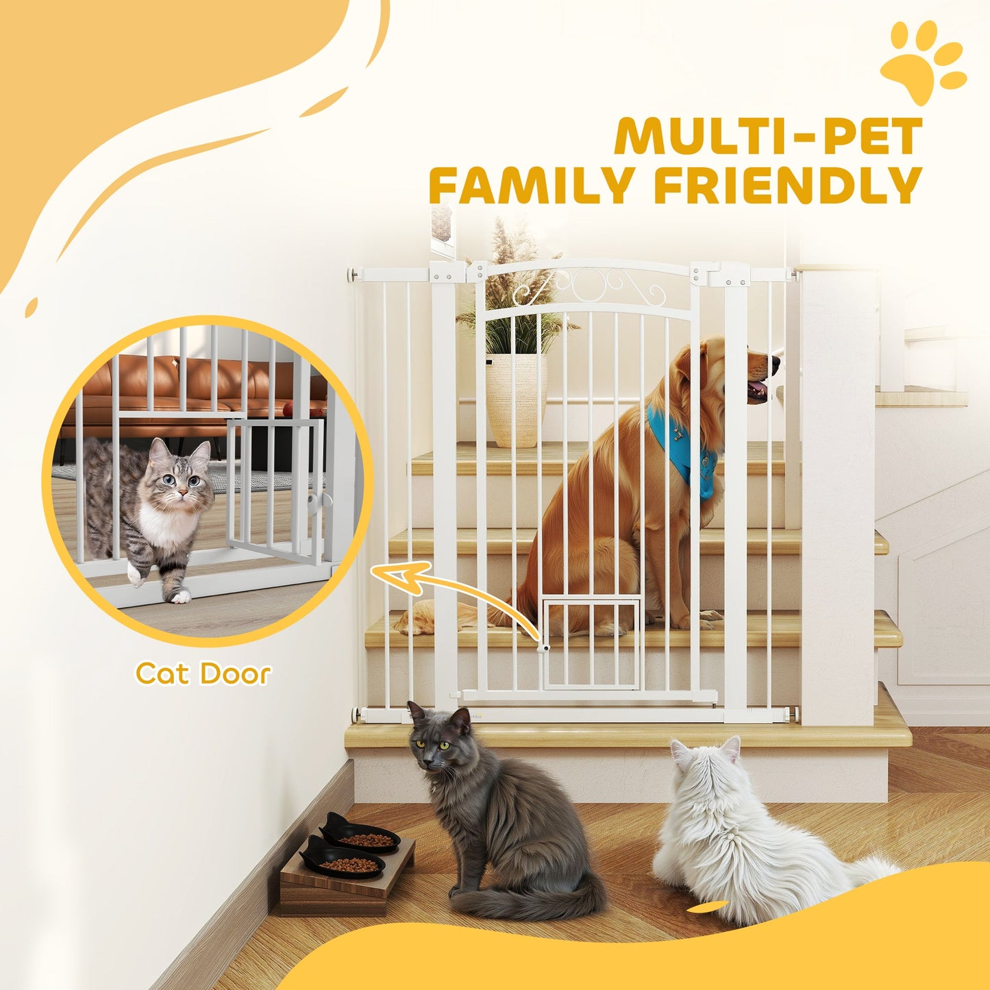 Dog Gate, Walk Through Pet Gate with Small Pet Door, Auto Close, for Doorways, House, Stair, 2 Extension Kits, Pressure Mount Kit, 30"-41" W x 42" H