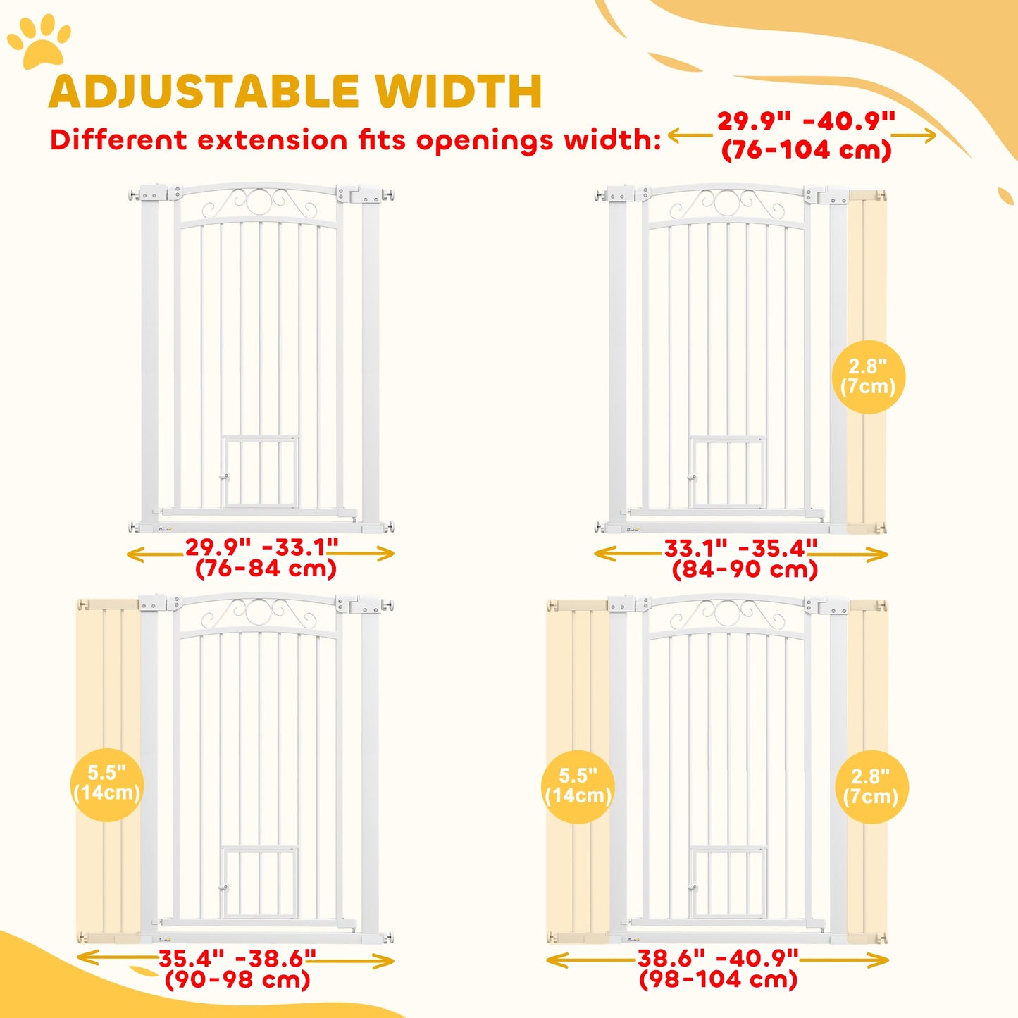 Dog Gate, Walk Through Pet Gate with Small Pet Door, Auto Close, for Doorways, House, Stair, 2 Extension Kits, Pressure Mount Kit, 30"-41" W x 42" H