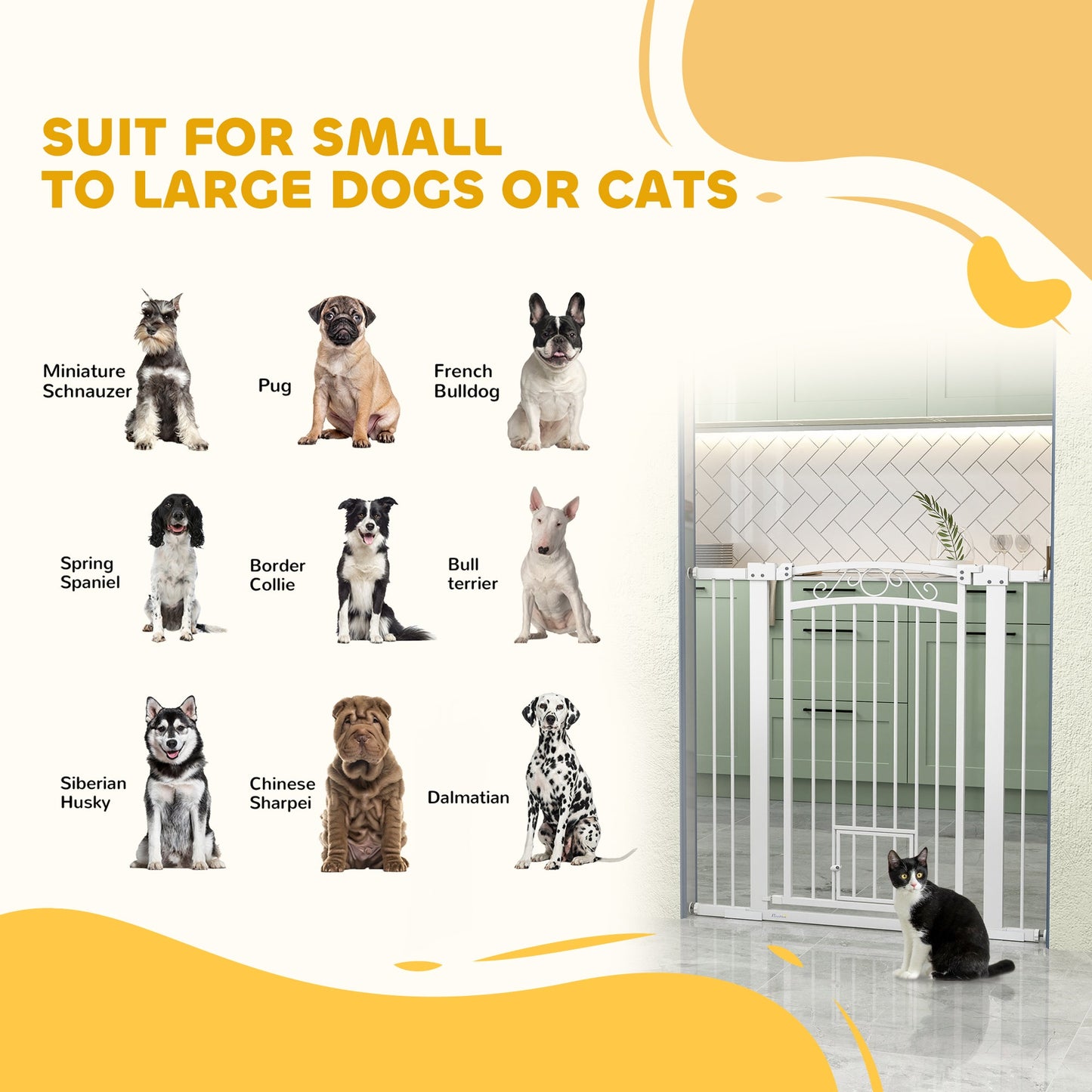 Dog Gate, Walk Through Pet Gate with Small Pet Door, Auto Close, for Doorways, House, Stair, 2 Extension Kits, Pressure Mount Kit, 30"-41" W x 42" H