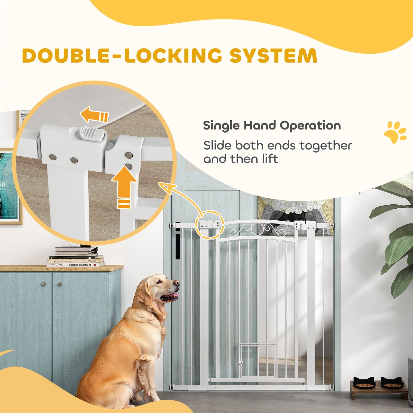 Dog Gate, Walk Through Pet Gate with Small Pet Door, Auto Close, for Doorways, House, Stair, 2 Extension Kits, Pressure Mount Kit, 30"-41" W x 42" H