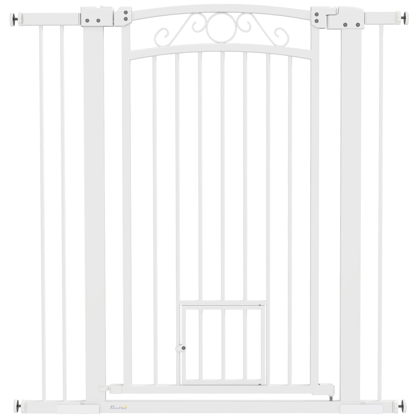 Dog Gate, Walk Through Pet Gate with Small Pet Door, Auto Close, for Doorways, House, Stair, 2 Extension Kits, Pressure Mount Kit, 30"-41" W x 42" H