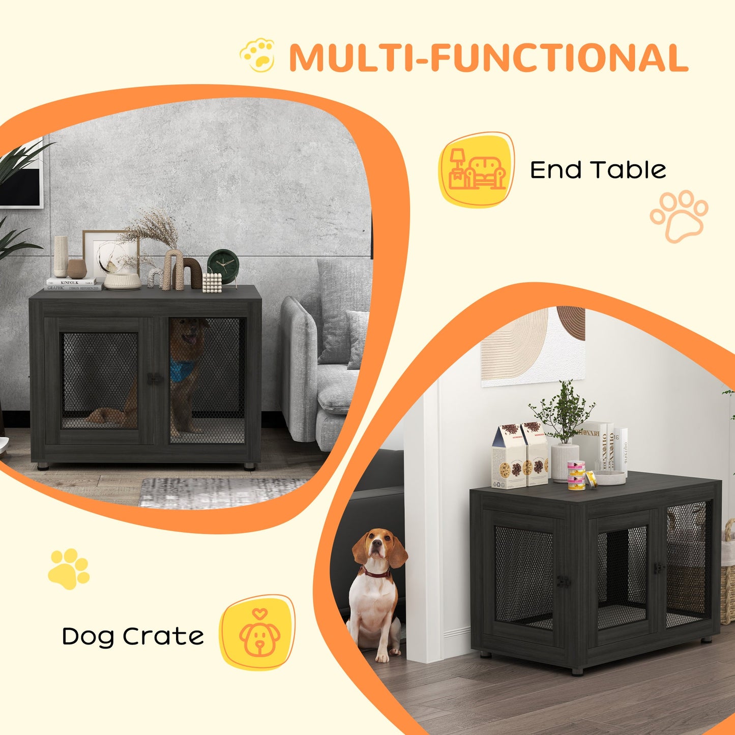 37in Dog Crate Furniture with Cushion, Indoor Pet Kennel End Table with 2 Doors, for Large Dogs, Black