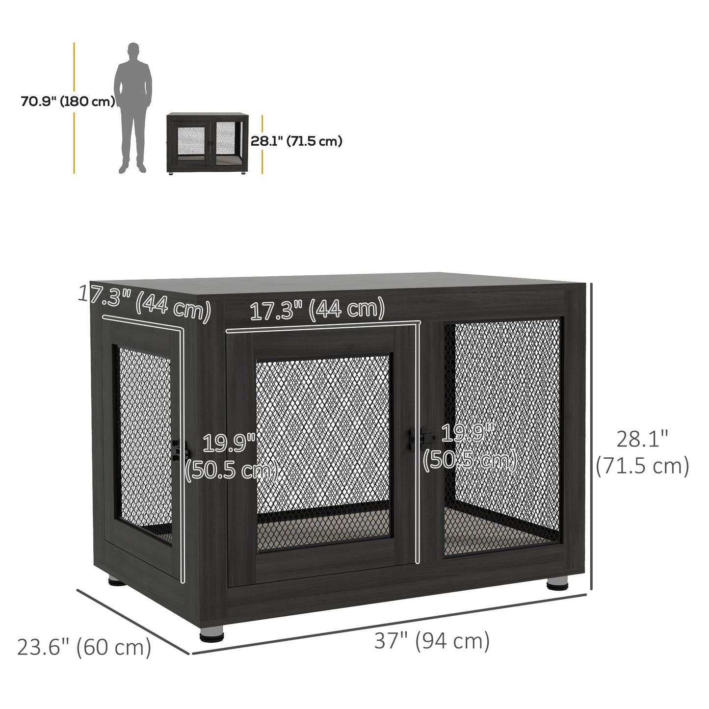 37in Dog Crate Furniture with Cushion, Indoor Pet Kennel End Table with 2 Doors, for Large Dogs, Black