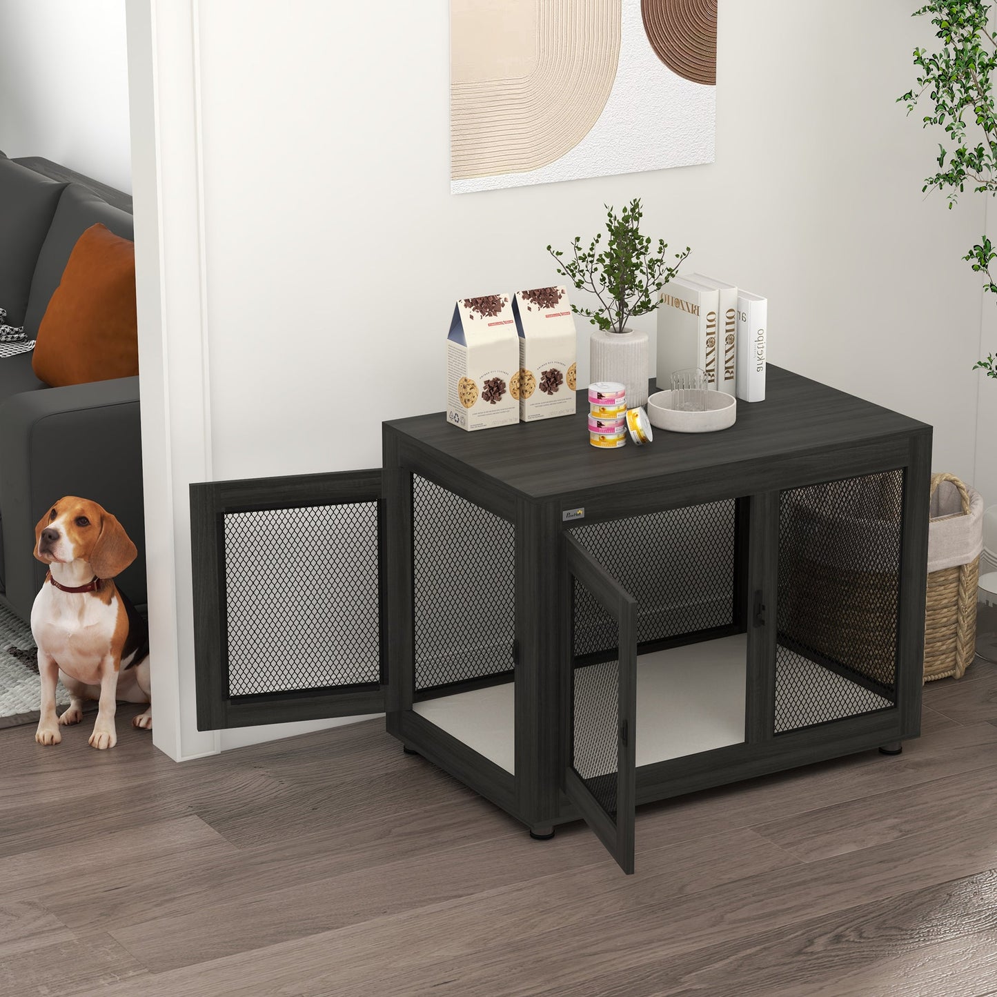 37in Dog Crate Furniture with Cushion, Indoor Pet Kennel End Table with 2 Doors, for Large Dogs, Black