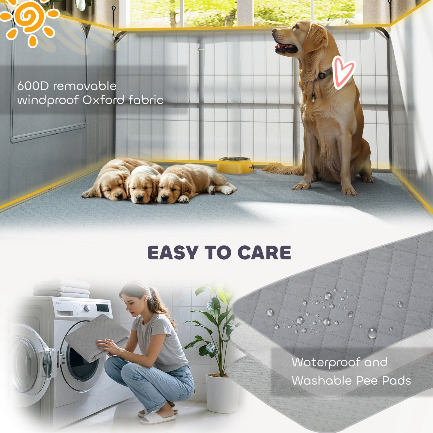 Whelping Box for Dogs and Puppies, 23.5"H, 7 Panels Puppy Playpen with Windproof Oxford Fabric Cloth, Washable Pee Pad, Pet Playpen with Door, for Medium & Large Dogs