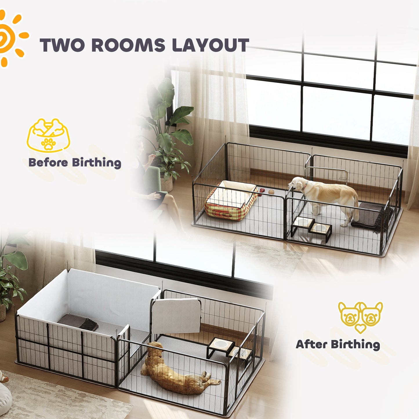 Whelping Box for Dogs and Puppies, 23.5"H, 7 Panels Puppy Playpen with Windproof Oxford Fabric Cloth, Washable Pee Pad, Pet Playpen with Door, for Medium & Large Dogs