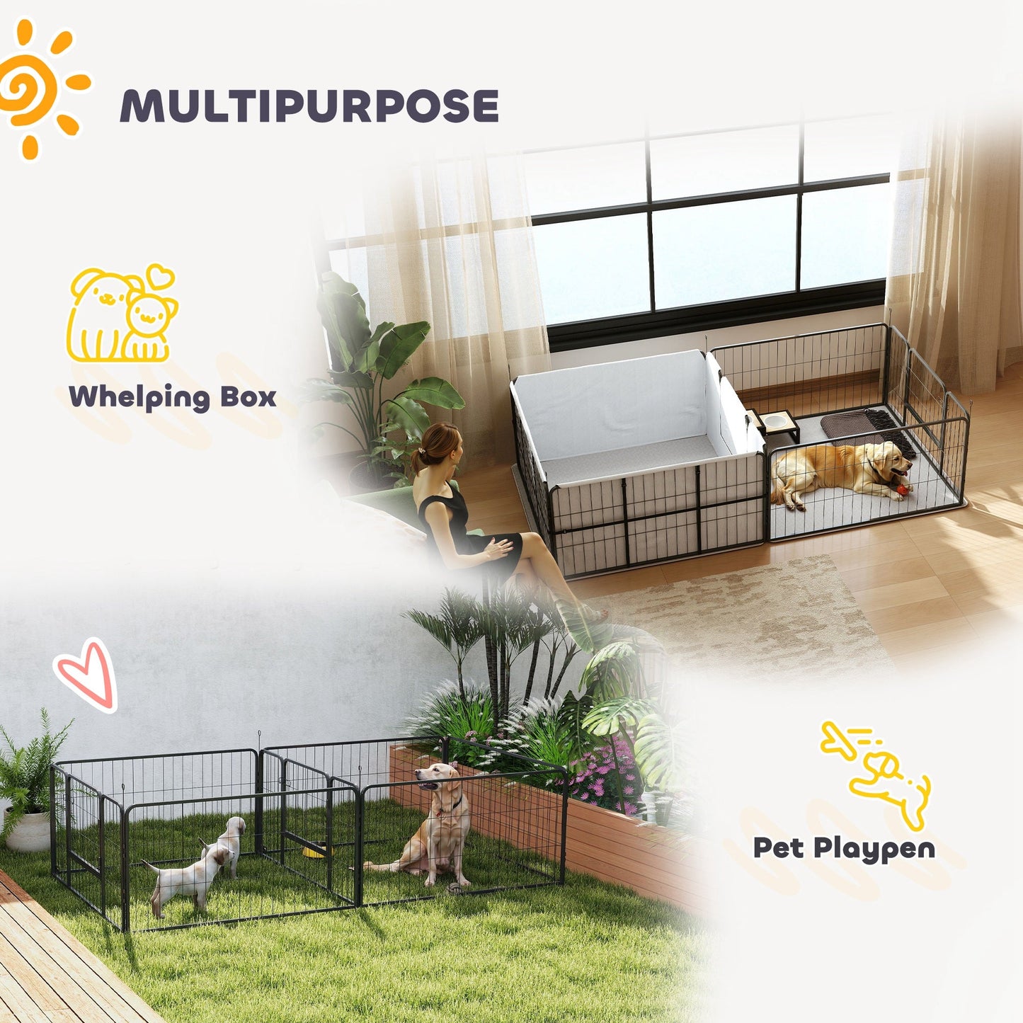 Whelping Box for Dogs and Puppies, 23.5"H, 7 Panels Puppy Playpen with Windproof Oxford Fabric Cloth, Washable Pee Pad, Pet Playpen with Door, for Medium & Large Dogs