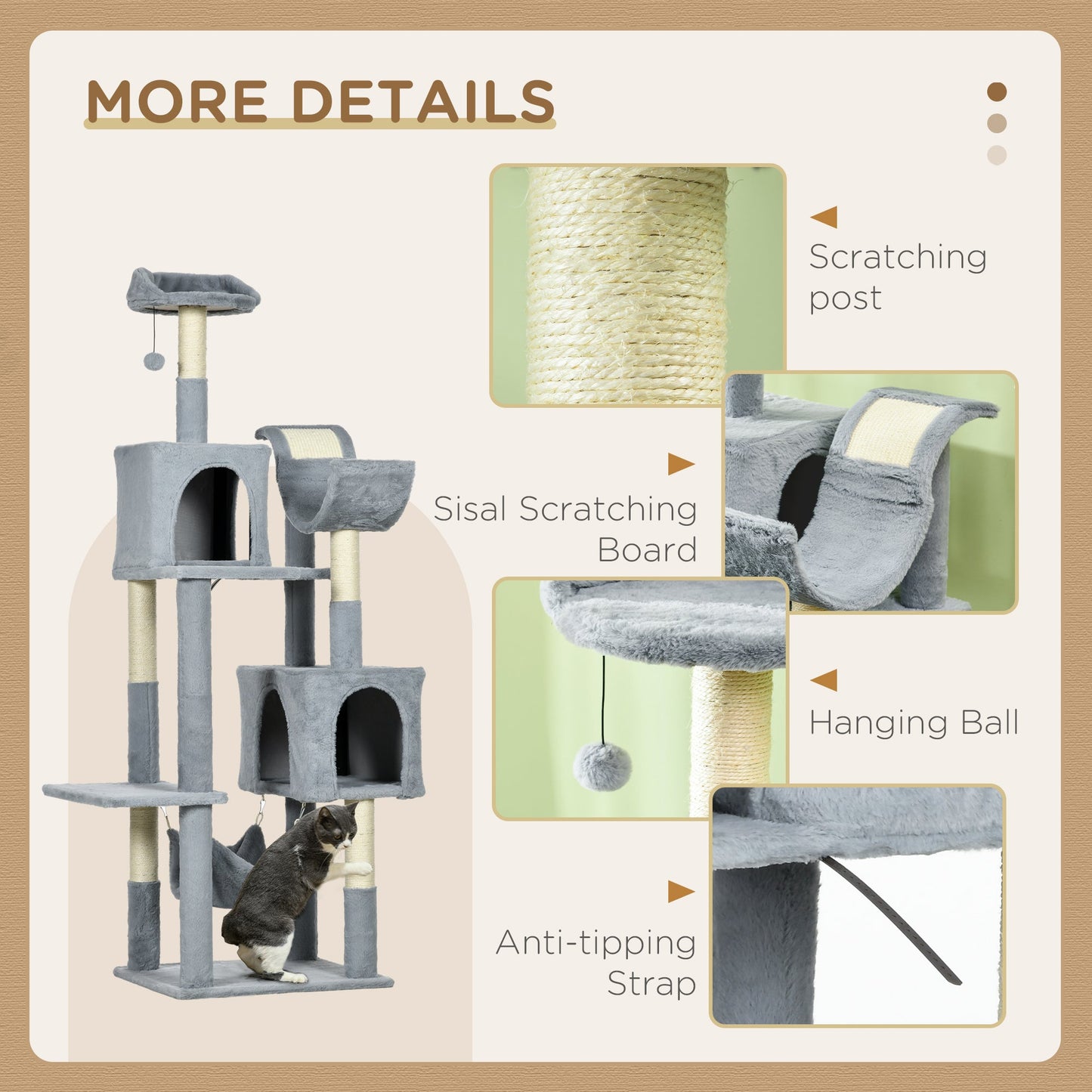 Tall Cat Tree for Indoor Cats, 70" Multi-Level Cat Tower with Hammock, Cat Bed, Cat Condo with Sisal Scratching Posts, Bluish Grey