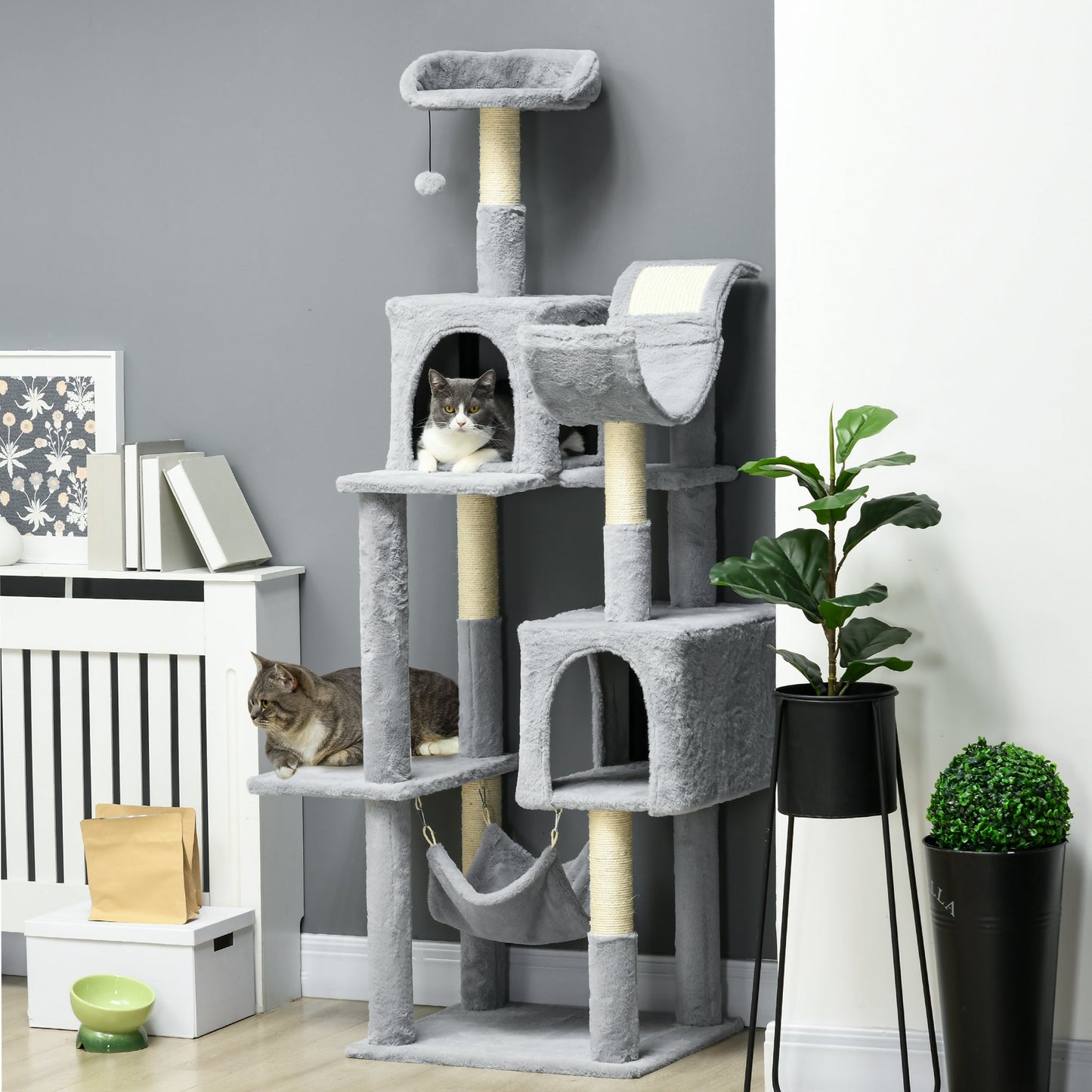 Tall Cat Tree for Indoor Cats, 70" Multi-Level Cat Tower with Hammock, Cat Bed, Cat Condo with Sisal Scratching Posts, Bluish Grey
