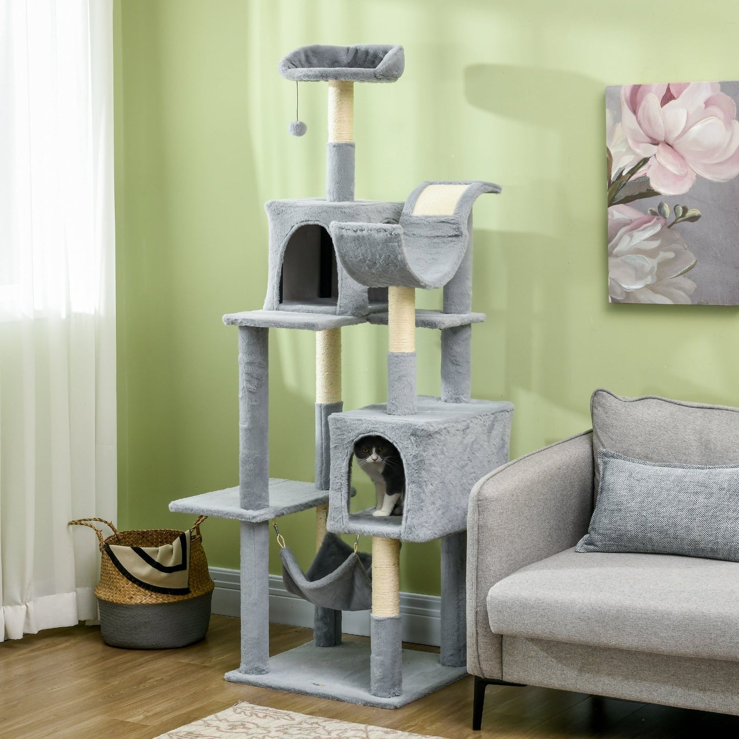 Tall Cat Tree for Indoor Cats, 70" Multi-Level Cat Tower with Hammock, Cat Bed, Cat Condo with Sisal Scratching Posts, Bluish Grey