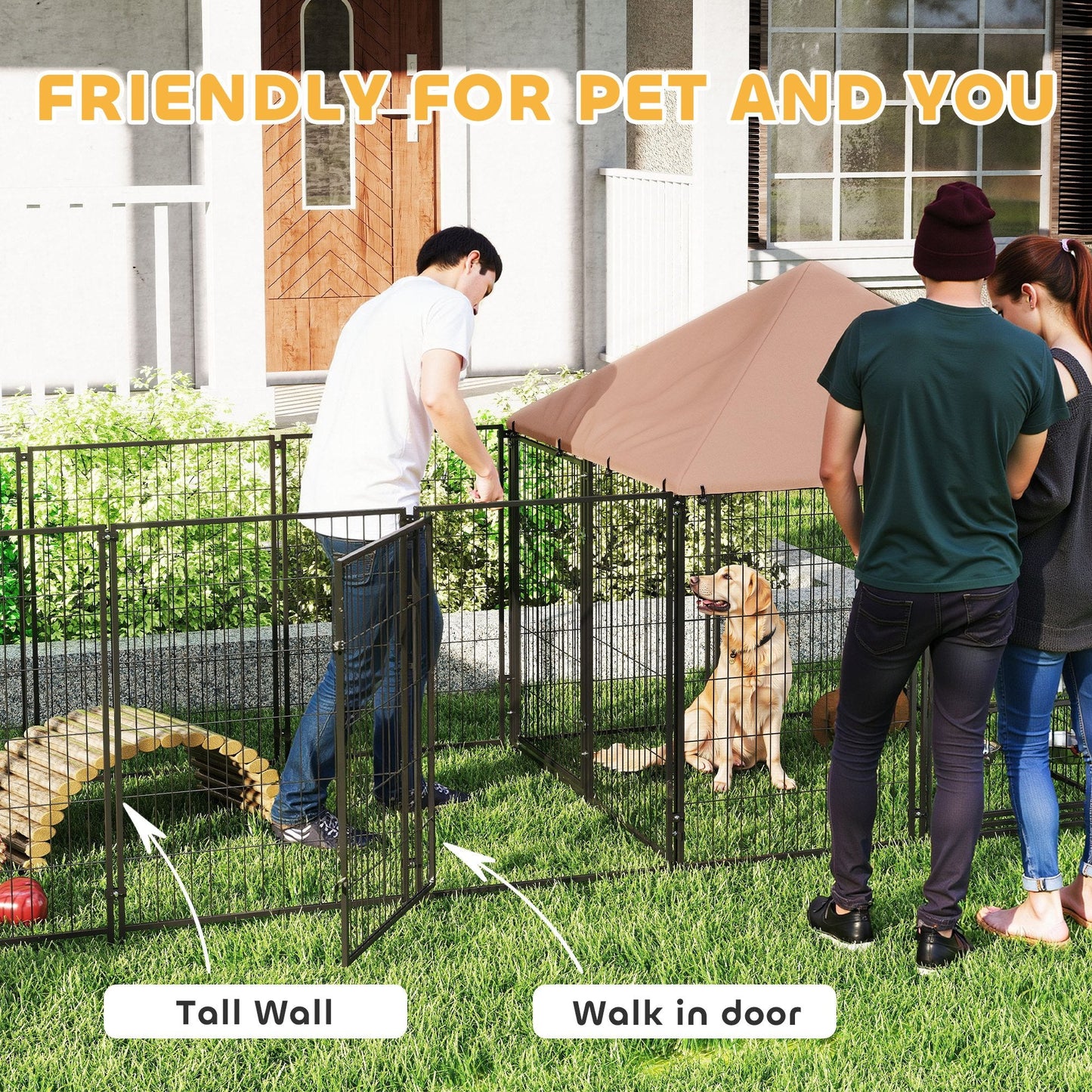 Outdoor Dog Kennel with 2 Rooms, Dog Run Outdoor Pet Playpen House with Rotating & Adjustable Height Bowls, Waterproof UV-Resistant Covers, Secure Locks, 16.2' x 4.7' x 5.1'