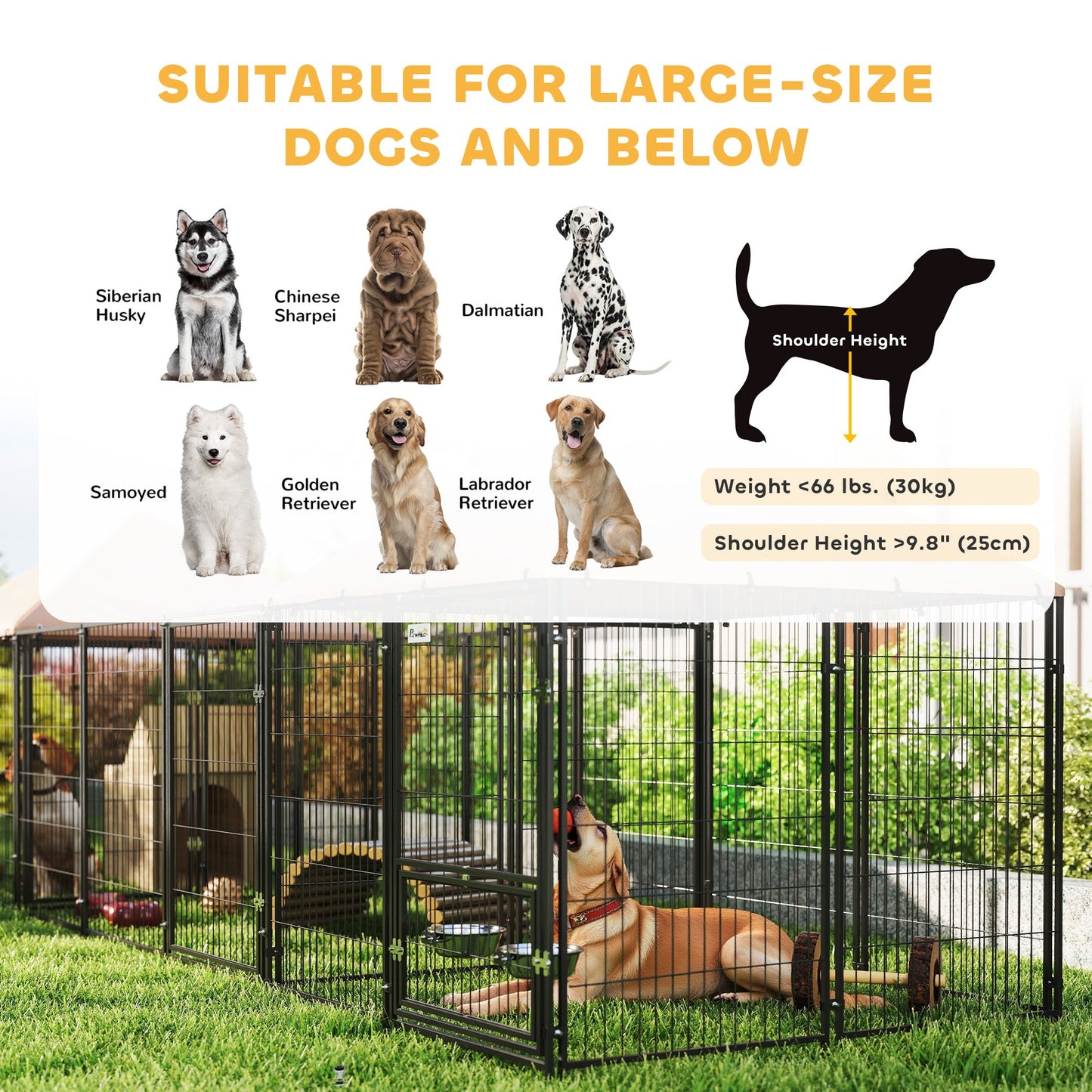 Outdoor Dog Kennel with 2 Rooms, Dog Run Outdoor Pet Playpen House with Rotating & Adjustable Height Bowls, Waterproof UV-Resistant Covers, Secure Locks, 16.2' x 4.7' x 5.1'