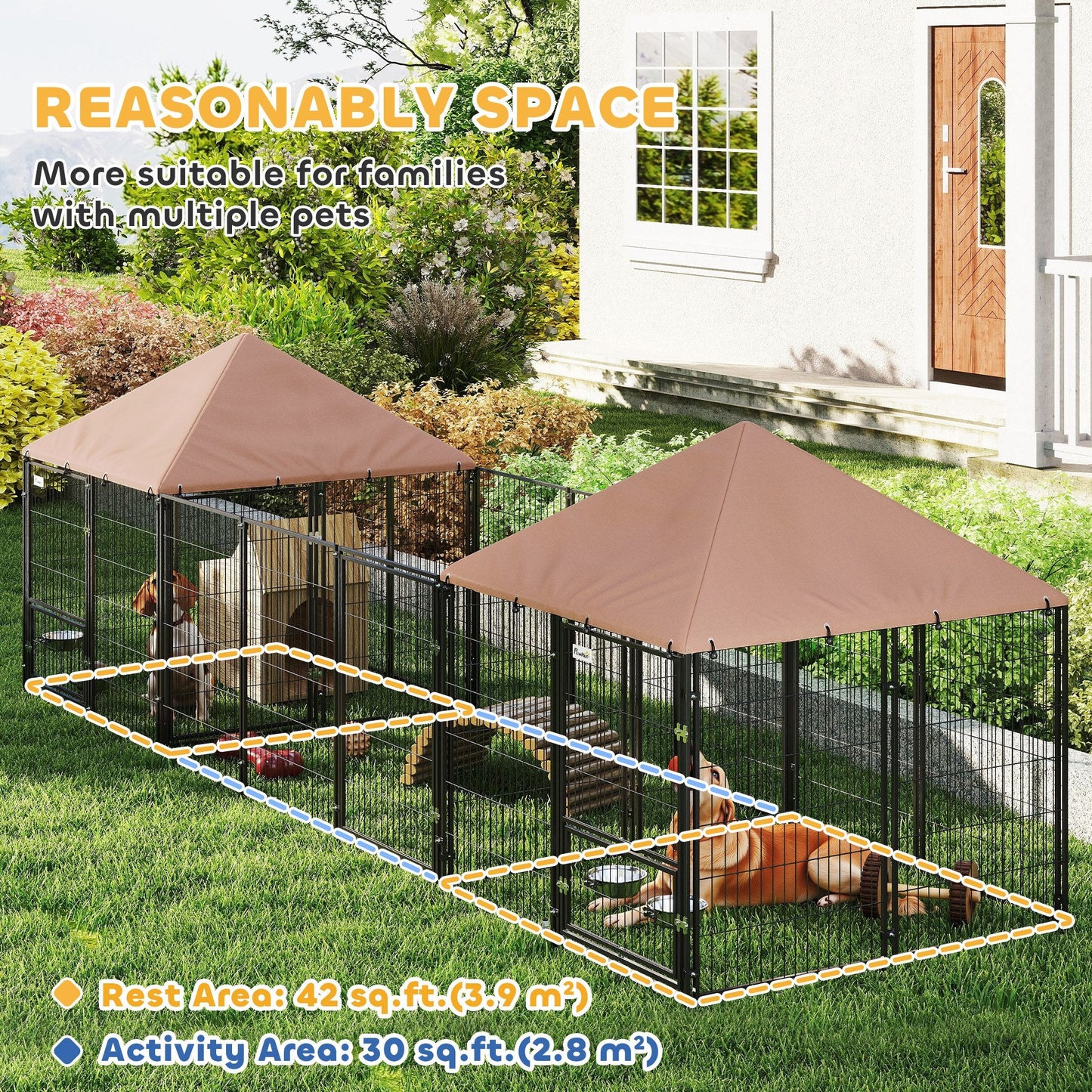 Outdoor Dog Kennel with 2 Rooms, Dog Run Outdoor Pet Playpen House with Rotating & Adjustable Height Bowls, Waterproof UV-Resistant Covers, Secure Locks, 16.2' x 4.7' x 5.1'