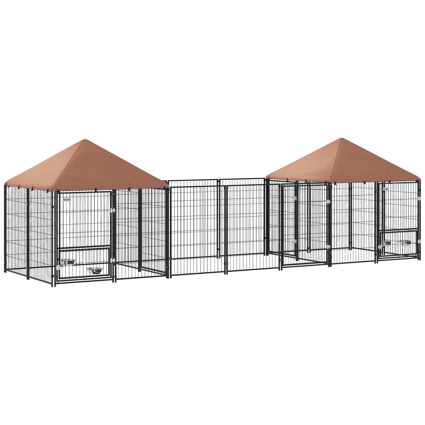 Outdoor Dog Kennel with 2 Rooms, Dog Run Outdoor Pet Playpen House with Rotating & Adjustable Height Bowls, Waterproof UV-Resistant Covers, Secure Locks, 16.2' x 4.7' x 5.1'