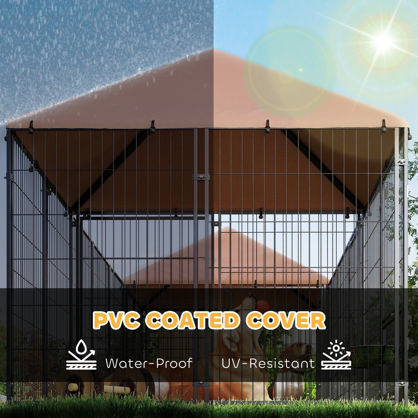 Outdoor Dog Kennel with 2 Rooms, Dog Run Outdoor Pet Playpen House with Rotating & Adjustable Height Bowls, Waterproof UV-Resistant Covers, Secure Locks, 16.2' x 4.7' x 5.1'