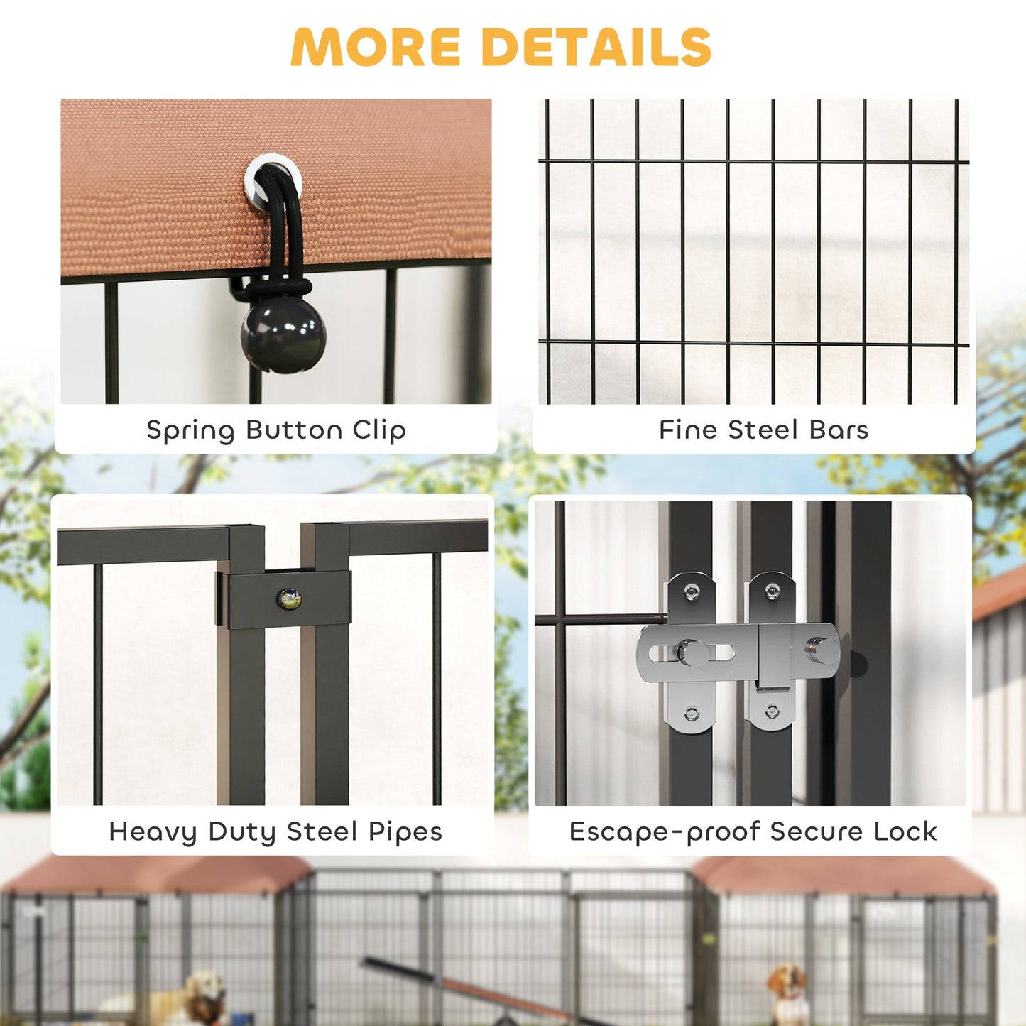 Outdoor Dog Kennel with 2 Rooms, Dog Run Outdoor Pet Playpen House with Rotating & Adjustable Height Bowls, Waterproof UV-Resistant Covers, Secure Locks, 16.2' x 4.7' x 5.1'