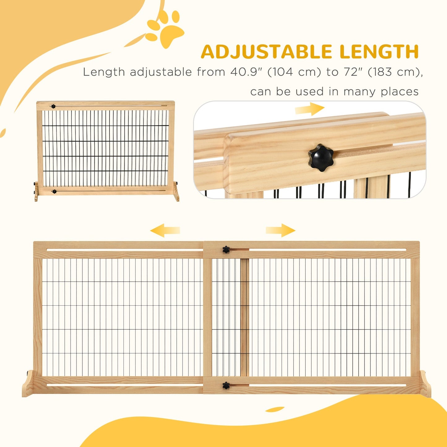Free Standing Pet Gate, Wooden Foldable Dog Gate with 41"-72" Adjustable Length, Support Feet, Pet Barrier for Small Medium Dogs, for Stairway, Doorway, Hallway, Natural