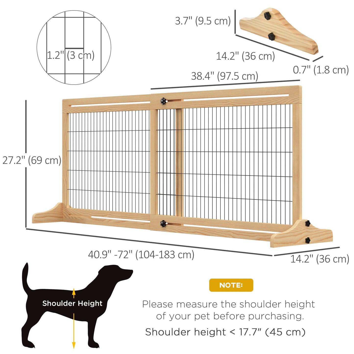 Free Standing Pet Gate, Wooden Foldable Dog Gate with 41"-72" Adjustable Length, Support Feet, Pet Barrier for Small Medium Dogs, for Stairway, Doorway, Hallway, Natural
