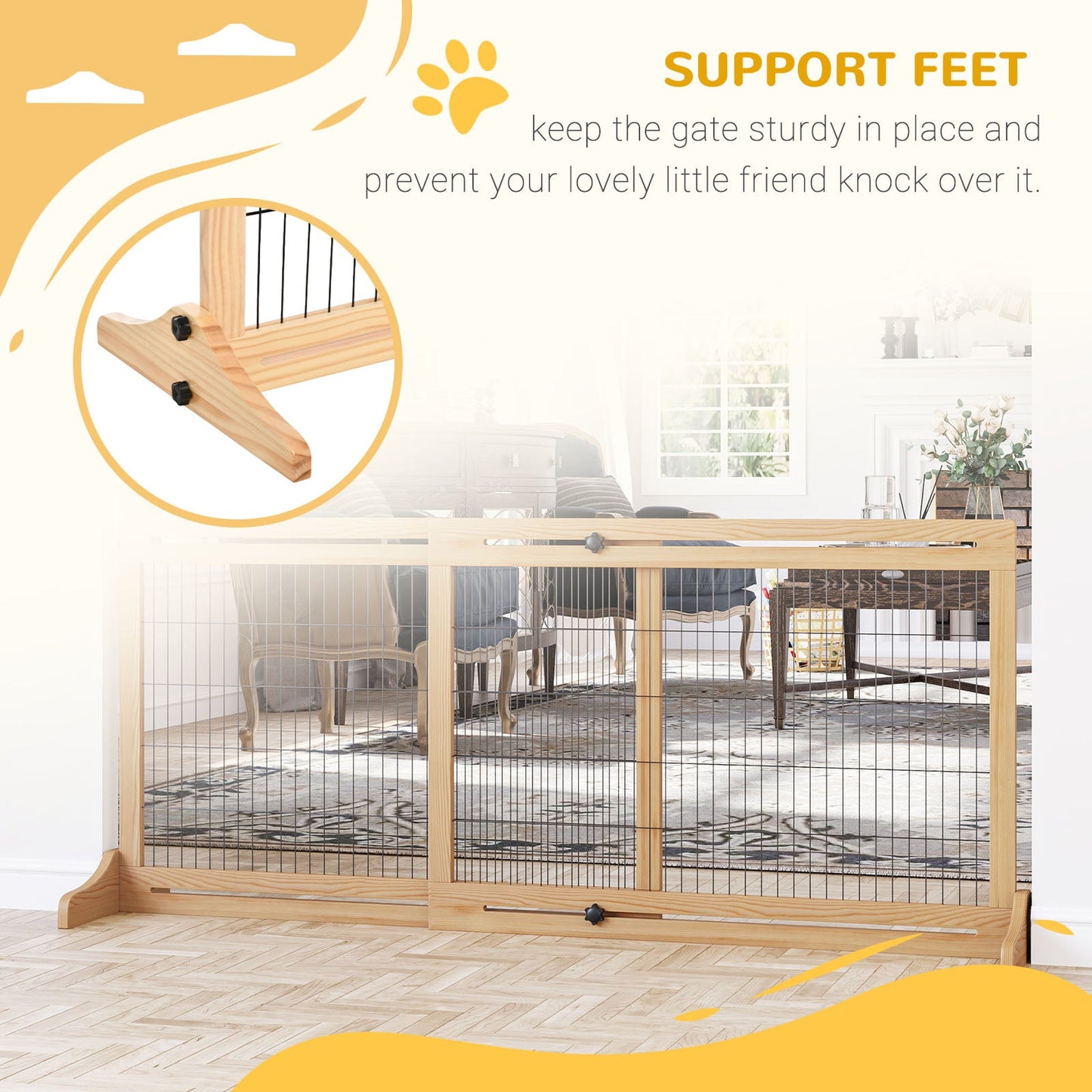 Free Standing Pet Gate, Wooden Foldable Dog Gate with 41"-72" Adjustable Length, Support Feet, Pet Barrier for Small Medium Dogs, for Stairway, Doorway, Hallway, Natural
