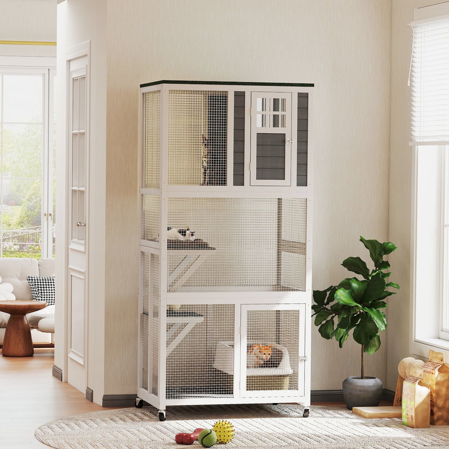74"H Wooden Catio Cat Enclosure, Indoor Outdoor Kitten House with Weatherproof Asphalt Roof & Brake Wheels, Luxury Kitten Condo Cage for Multiple Cats, White