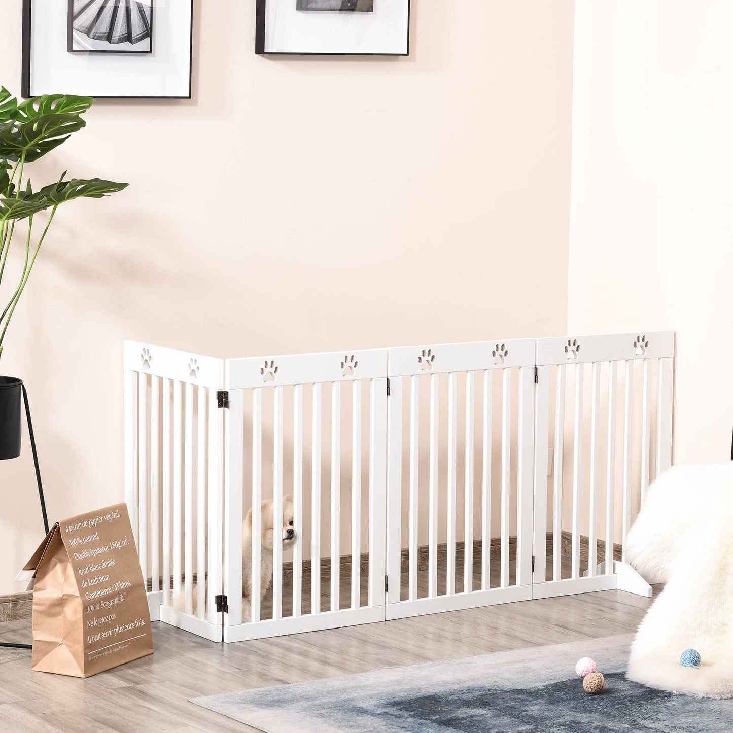 Freestanding Pet Gate 4 Panel Dog Barrier Folding Safety Fence with Support Feet up to 80.25" Long 29.5" Tall for Doorway Stairs Black White