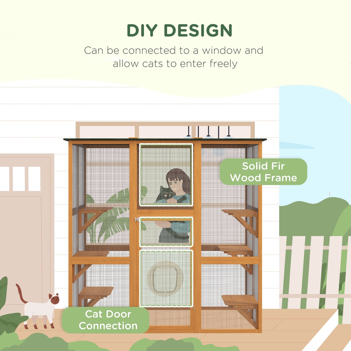 Large Outdoor Catio Enclosure, Weatherproof Cat House with Asphalt Roof, Wooden Cat Patio Cage with 6 Balanced Platforms, 71" x 39" x 71", Orange