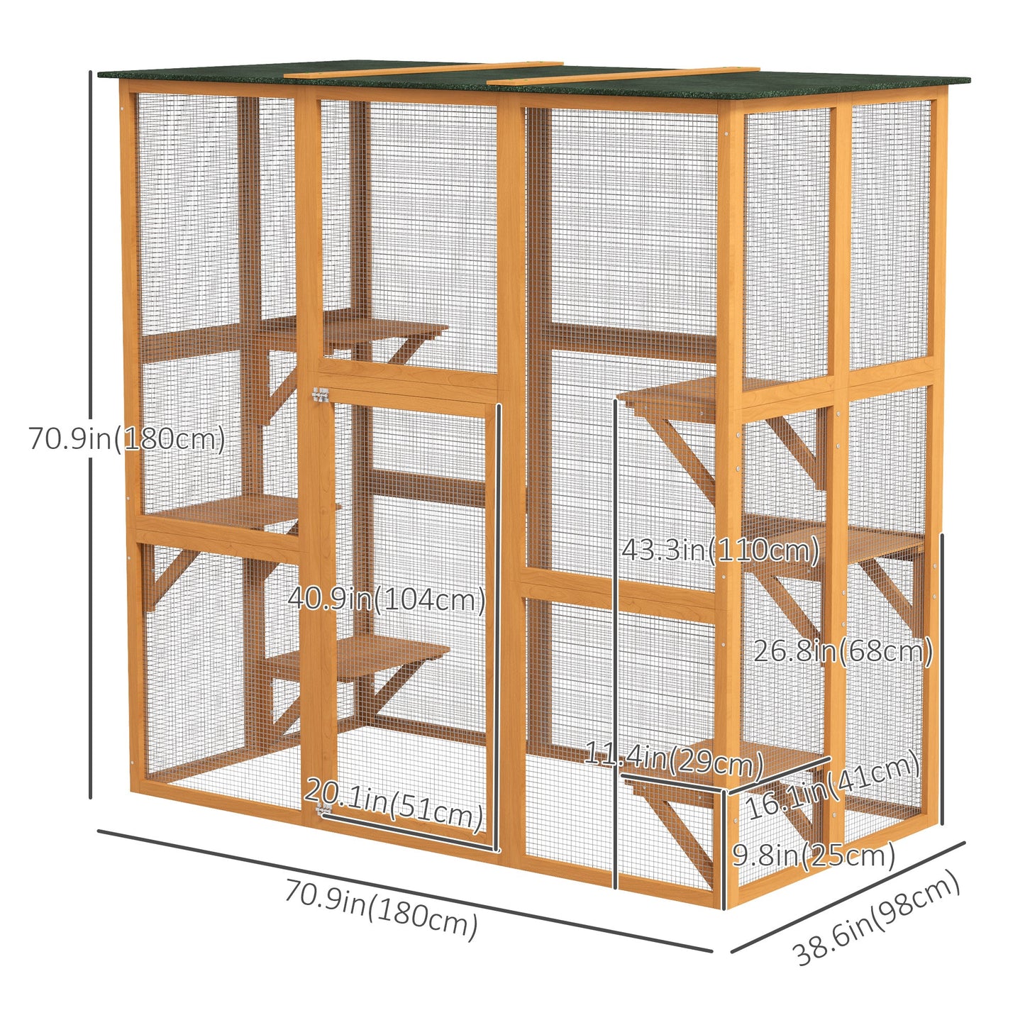 Large Outdoor Catio Enclosure, Weatherproof Cat House with Asphalt Roof, Wooden Cat Patio Cage with 6 Balanced Platforms, 71" x 39" x 71", Orange
