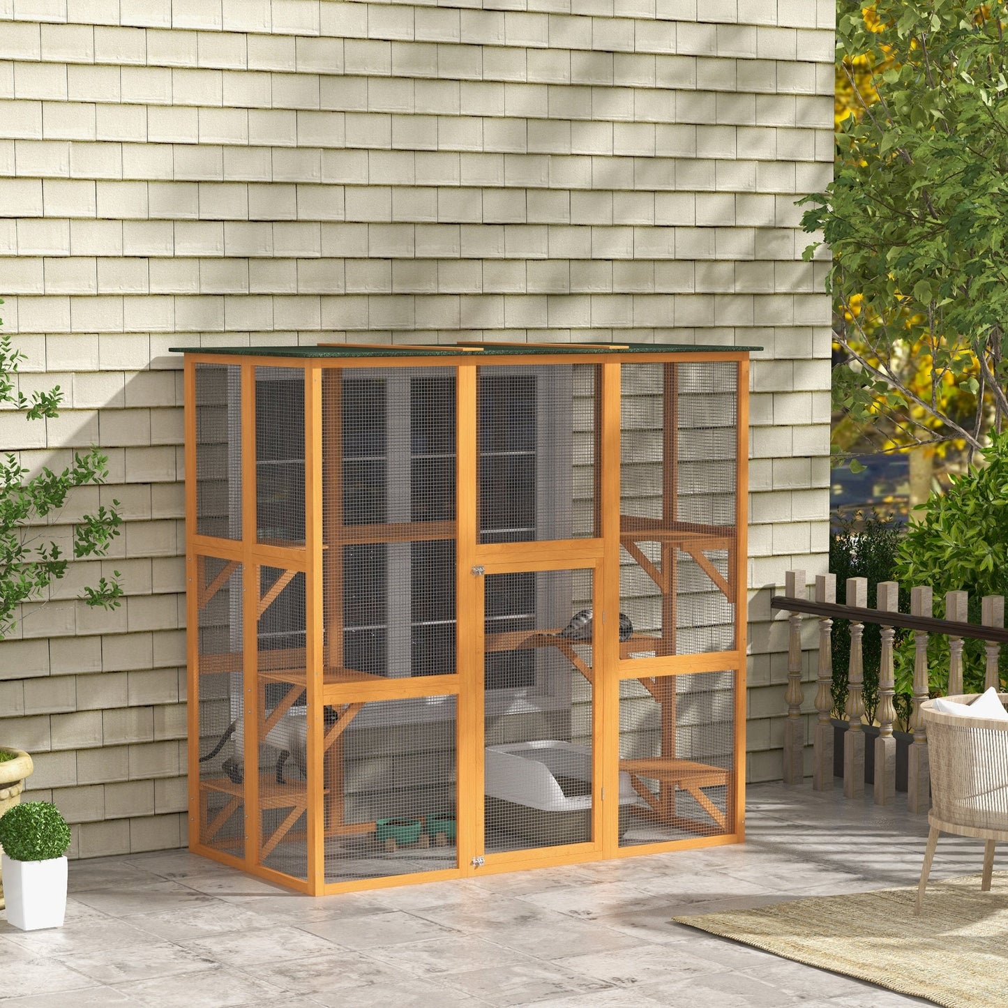 Large Outdoor Catio Enclosure, Weatherproof Cat House with Asphalt Roof, Wooden Cat Patio Cage with 6 Balanced Platforms, 71" x 39" x 71", Orange