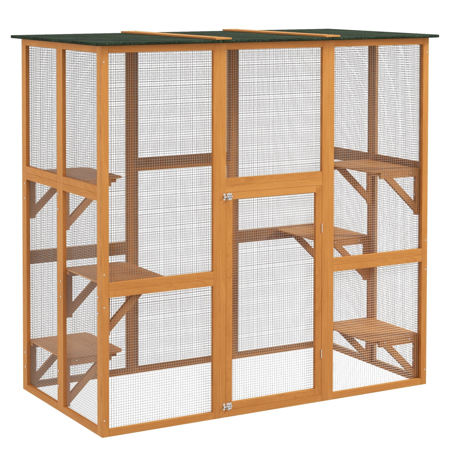 Large Outdoor Catio Enclosure, Weatherproof Cat House with Asphalt Roof, Wooden Cat Patio Cage with 6 Balanced Platforms, 71" x 39" x 71", Orange