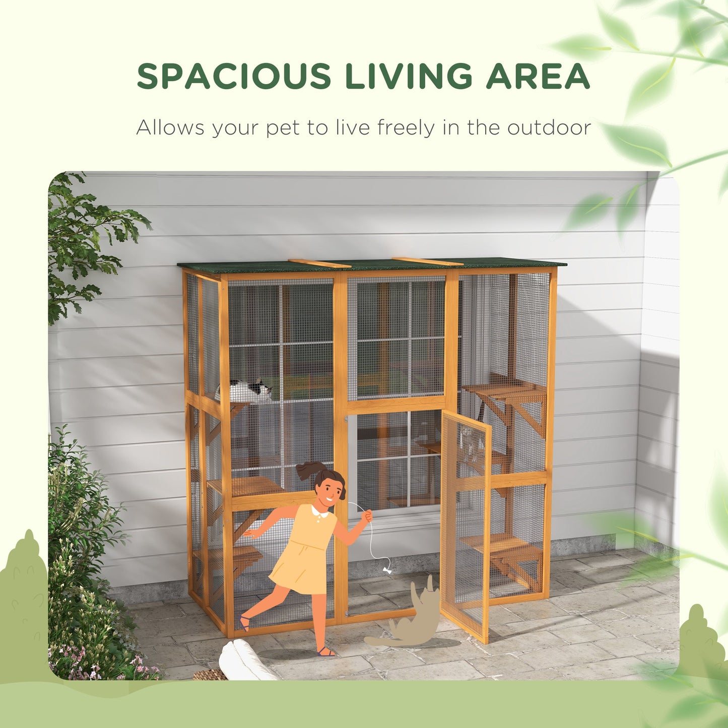 Large Outdoor Catio Enclosure, Weatherproof Cat House with Asphalt Roof, Wooden Cat Patio Cage with 6 Balanced Platforms, 71" x 39" x 71", Orange