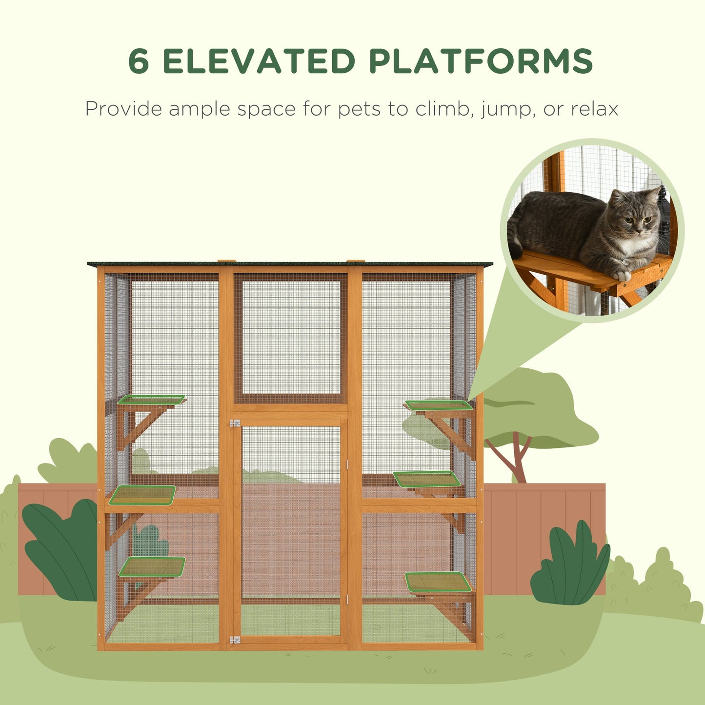 Large Outdoor Catio Enclosure, Weatherproof Cat House with Asphalt Roof, Wooden Cat Patio Cage with 6 Balanced Platforms, 71" x 39" x 71", Orange