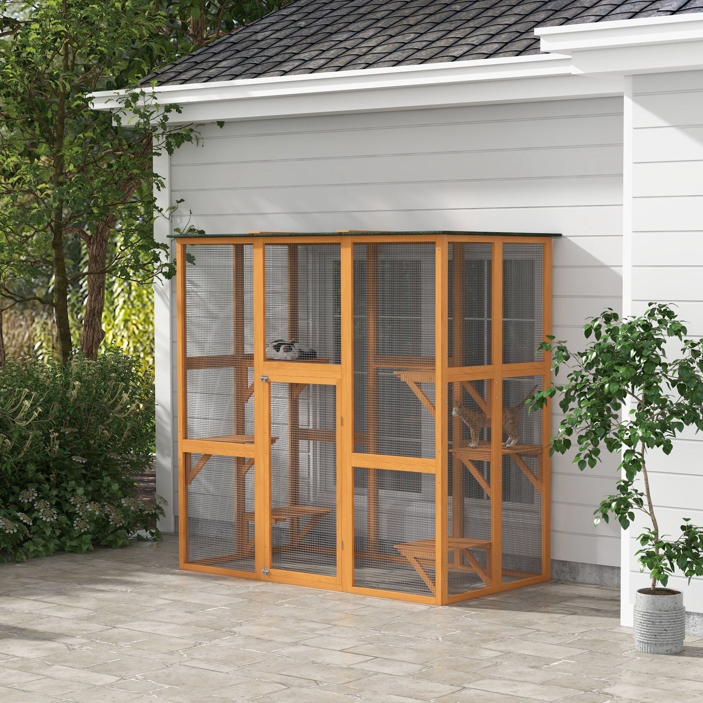 Large Outdoor Catio Enclosure, Weatherproof Cat House with Asphalt Roof, Wooden Cat Patio Cage with 6 Balanced Platforms, 71" x 39" x 71", Orange