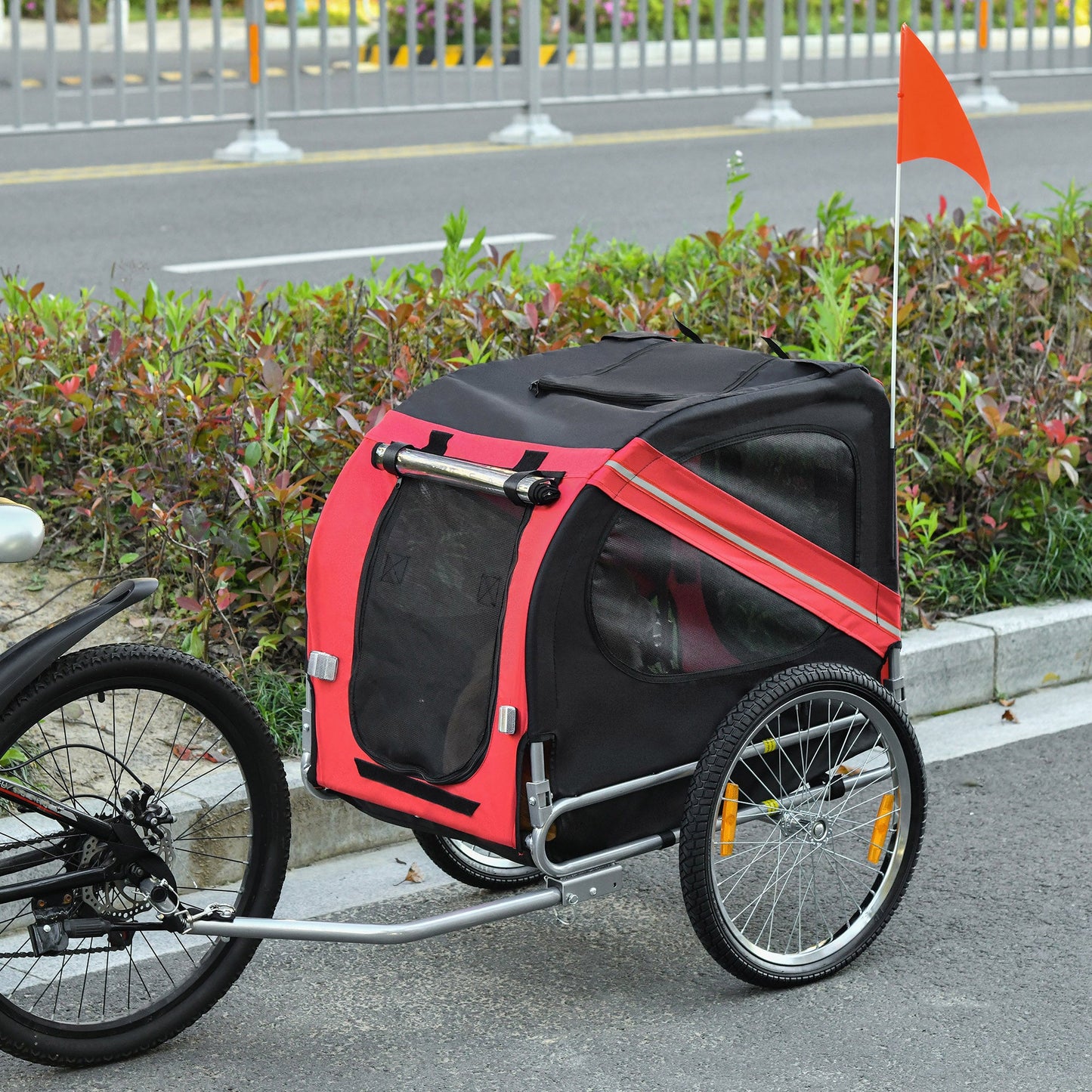 Dog Bike Trailer Pet Cart Bicycle Wagon Cargo Carrier Attachment for Travel with 3 Entrances Large Wheels for Off-Road & Mesh Screen, Red/ Black